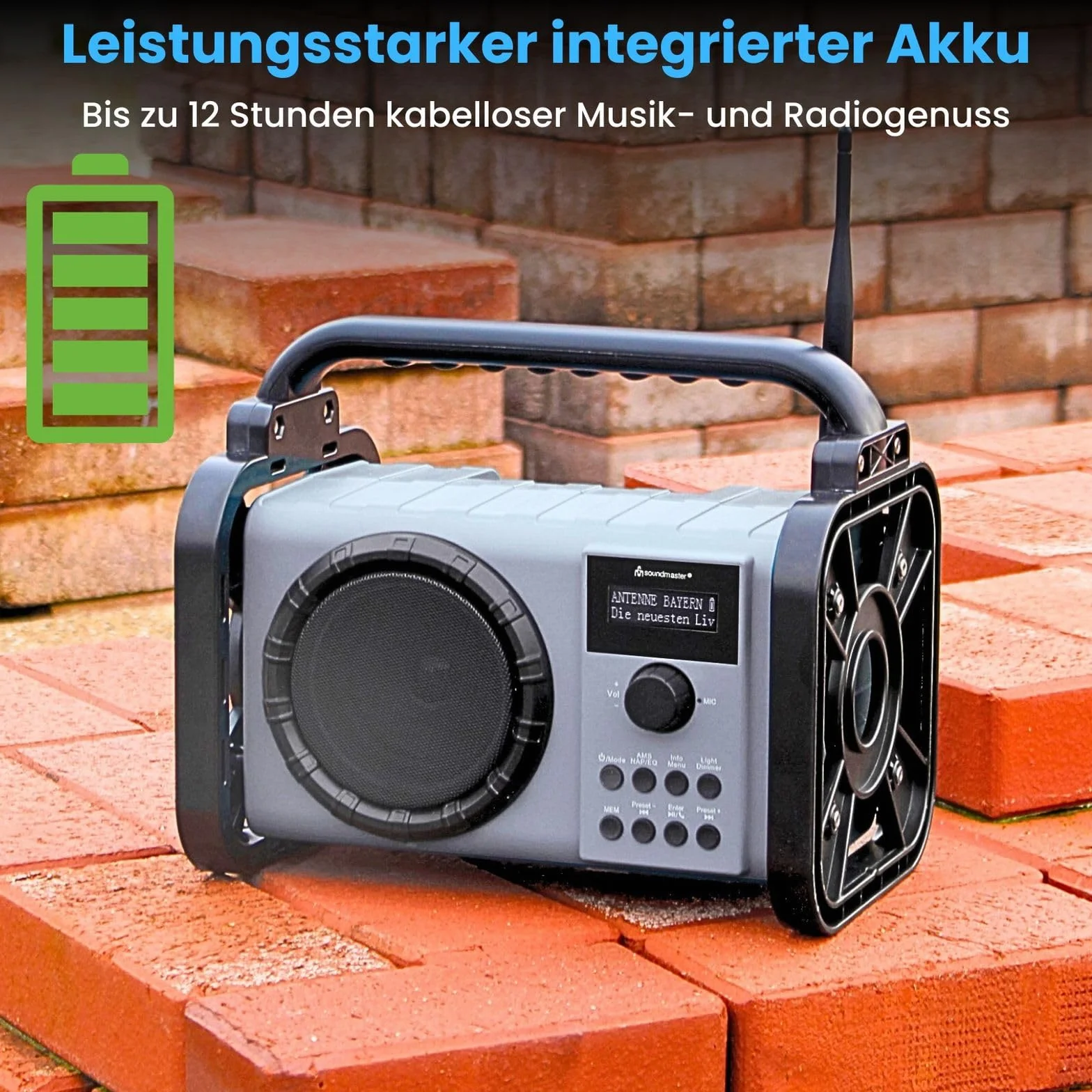 Soundmaster DAB80SG Radio para Obras con Dab+/UKW Bluetooth y batería de Iones de Litio