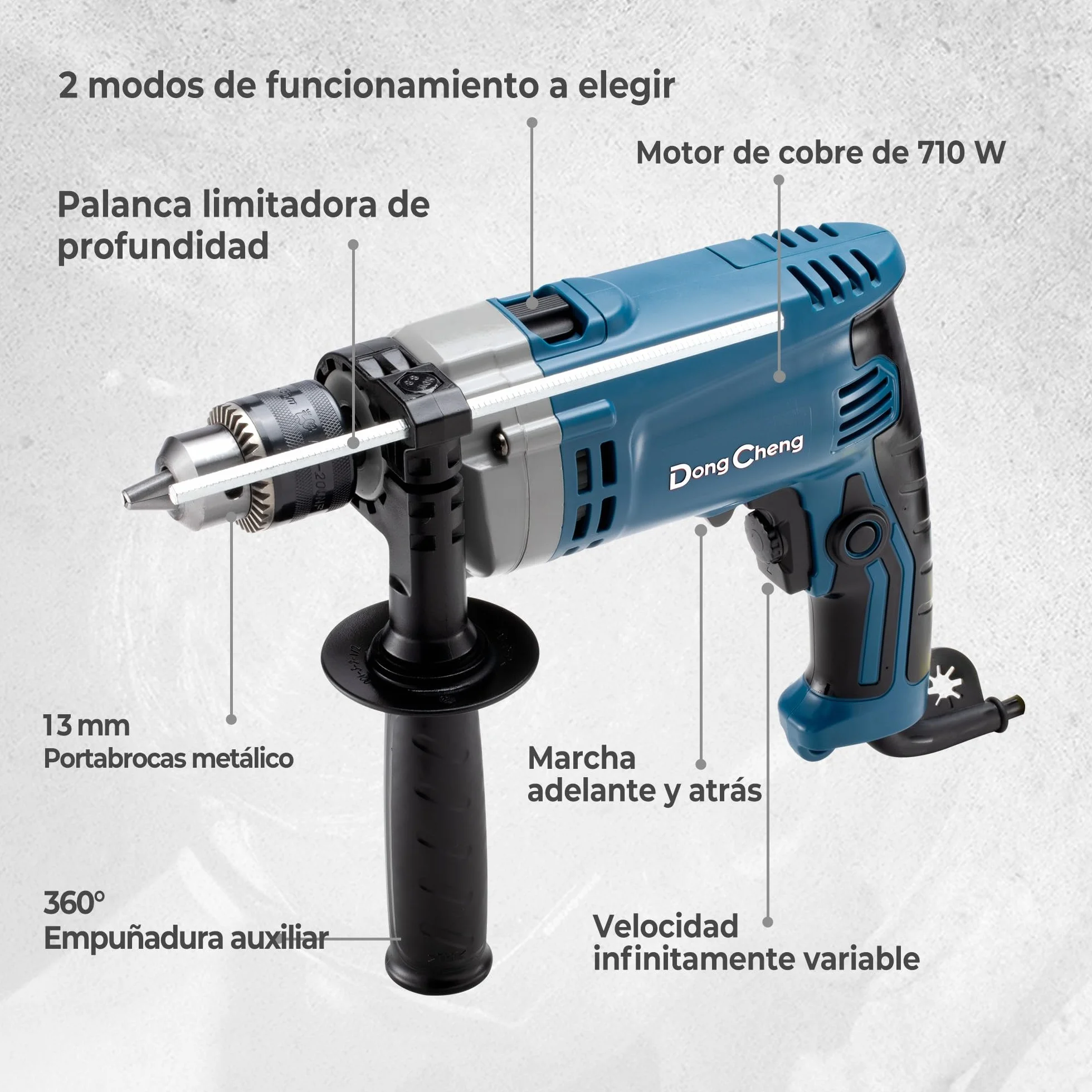 DongCheng - Taladro de percusión (710 W, 13 mm, taladro de percusión, 45,000 IPM, 3000 RPM con 15 coronas de perforación para metal, madera y hormigón
