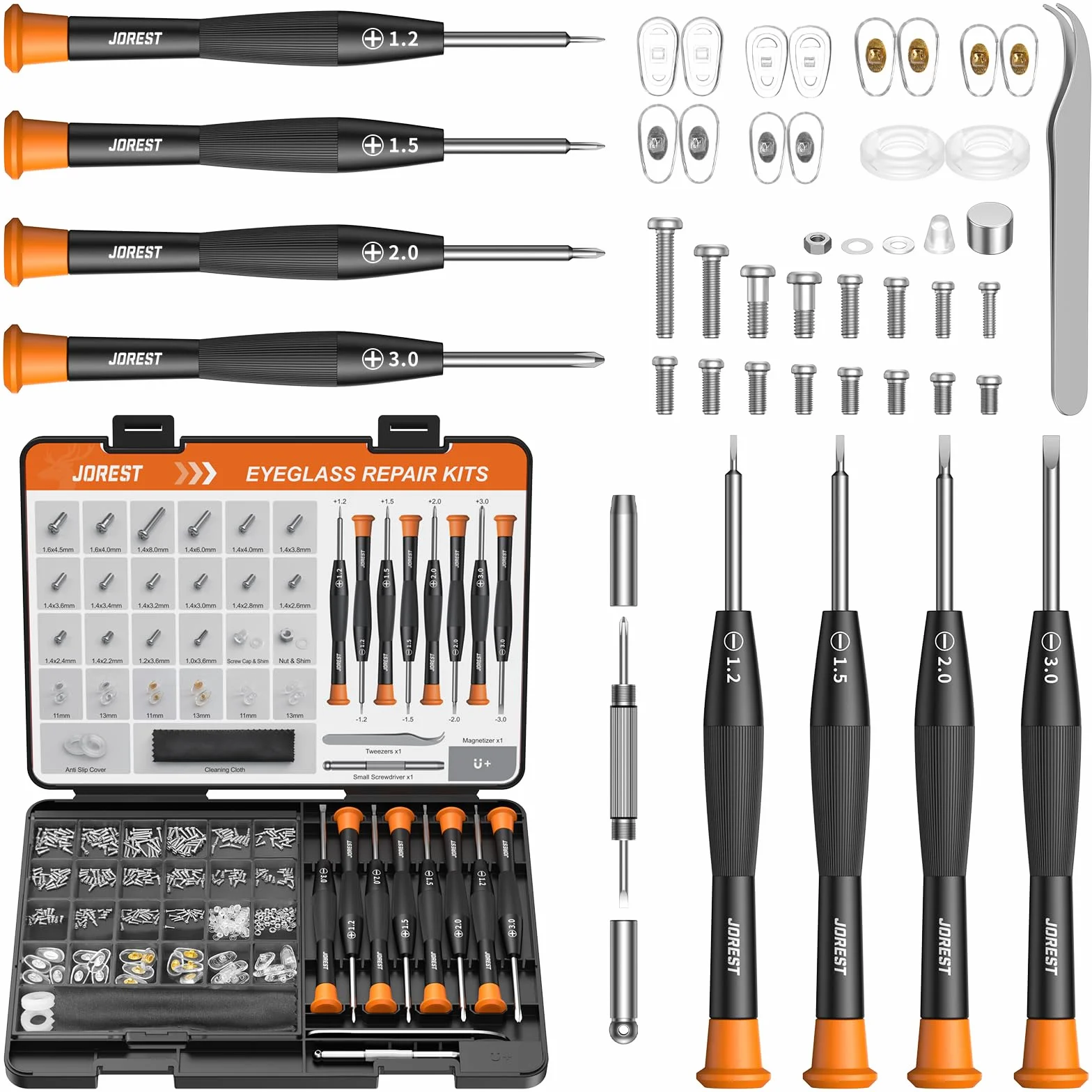 JOREST Kit de reparación de gafas, juego de herramientas para gafas con tornillos, almohadillas nasales, pinzas y destornilladores