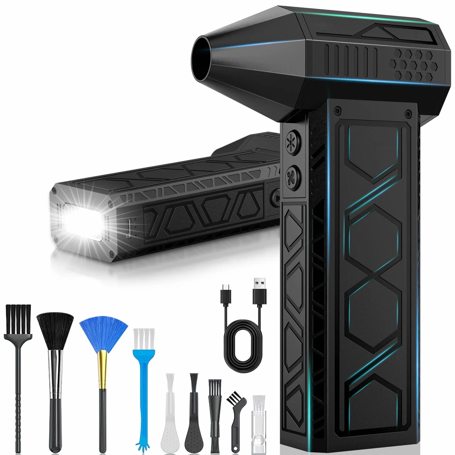 Soplador de Polvo Eléctrico,180000 RPM,2025 Aire Comprimido Limpieza PC con Luz Auxiliar LED Light/Potente 4 Velocidades/Iluminación para Ordenadores, Coches, Teclado