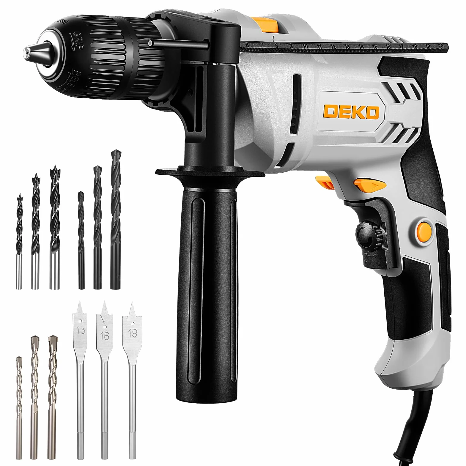 DEKOPRO Taladro Percutor Eléctrico de 710W, Taladro Percutor 2 en 1, Portabrocas de 13 MM, Mango Giratorio de 360°, 0-3000 RPM, Incluye 12 Brocas, Apto para Madera, Metal y Hormigón
