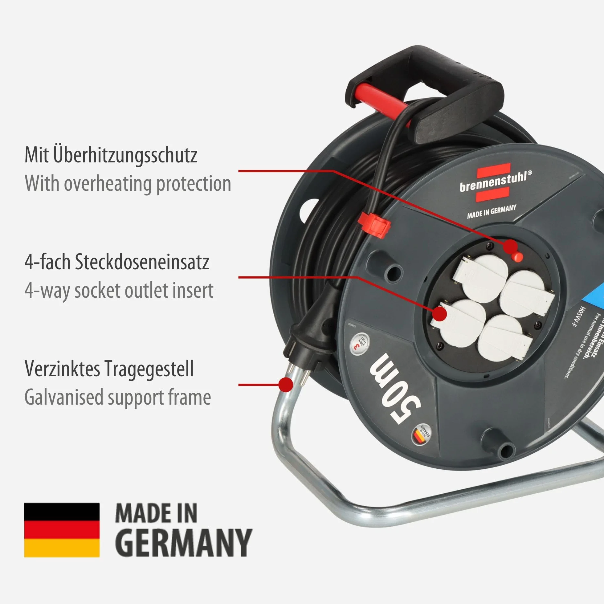 Brennenstuhl Garant V2 - Carrete alargador de cable (50 m, plástico especial, con protección contra sobrecalentamiento, fabricado en Alemania)