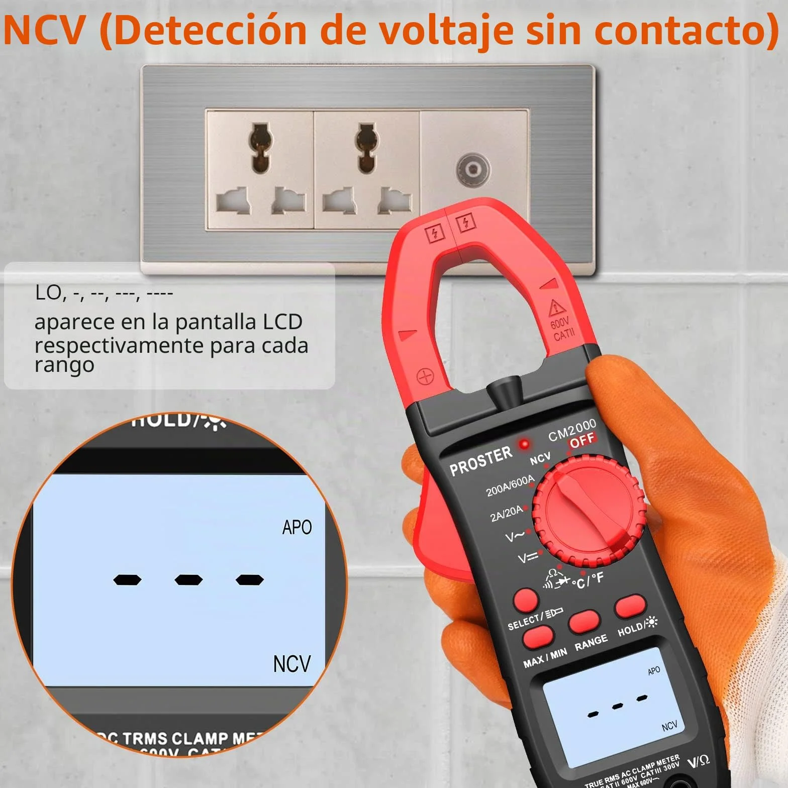 Proster Pinza Amperimétrica 2000 Cuentas 600A TRMS NCV Multímetro Digital Rango Automático con Pantalla Retroiluminada para Voltaje AC DC Corriente AC Diodo Resistencia Continuidad Temperatura