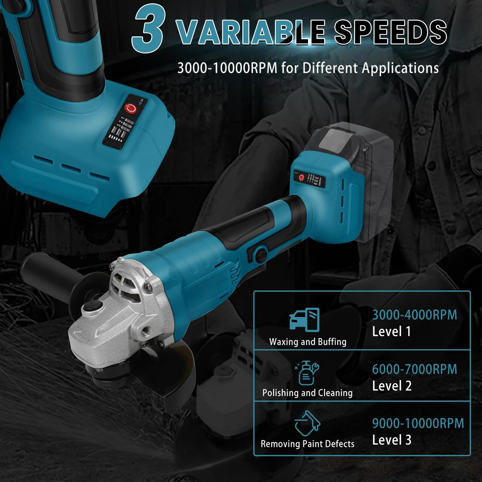 Amoladora angular de batería compatible con batería de litio Makita de 18 V, amoladora angular eléctrica sin escobillas con diámetro de disco de 125 mm, 3000-10000 rpm, para una separación y lijado