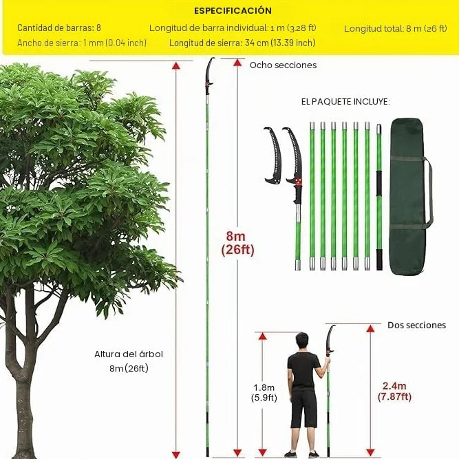 Sierra de Podar Telescópica con Asa, con Mango Telescópico de 8 Metros, Sierra de Podar Manual, Herramientas de Jardinería para El Tamaño de Palmeras y Arbustos