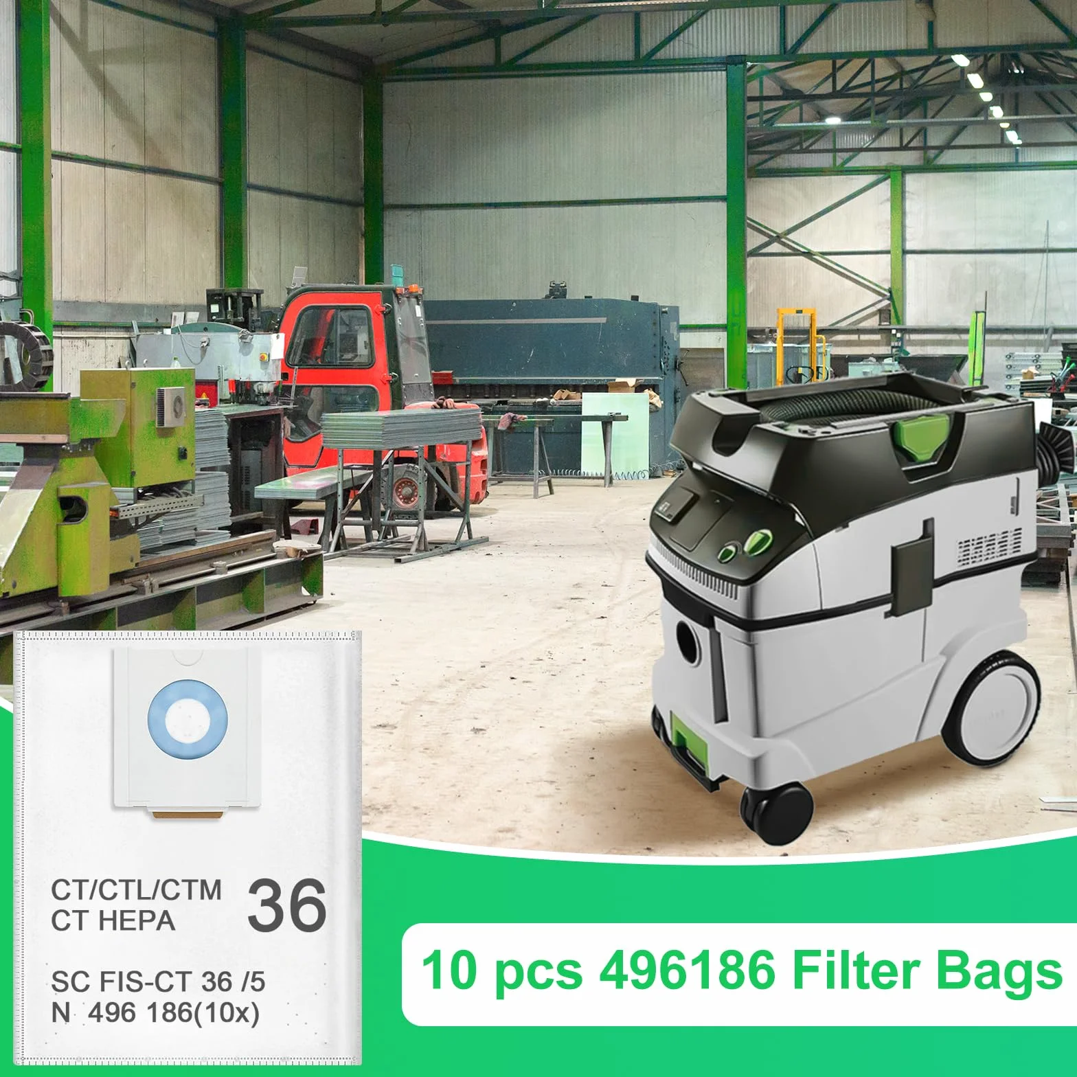 Paquete de 10 bolsas de filtro 496186 para Festool CT 36/CTM 36E/CTL 36E Cleantec Series | Bolsa de polvo para aspiradora Festool SC FIS-CT 36/5, bolsas desechables y de gran capacidad para extractor de polvo Festool