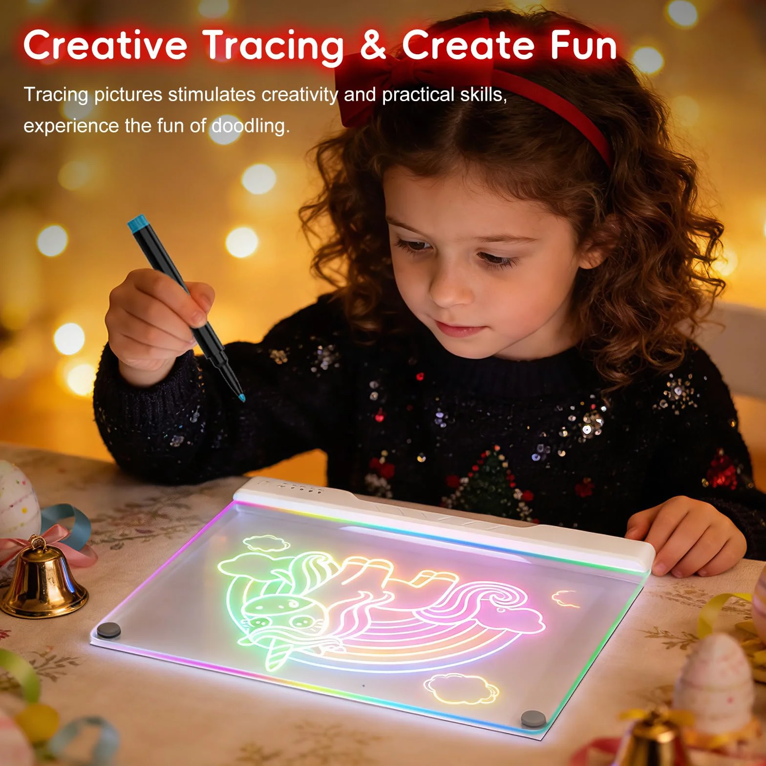 Tabla de Dibujo LED 16 Pulgadas Recargable con 7 Colores y Brillo Ajustable, Pizarra Neon Art