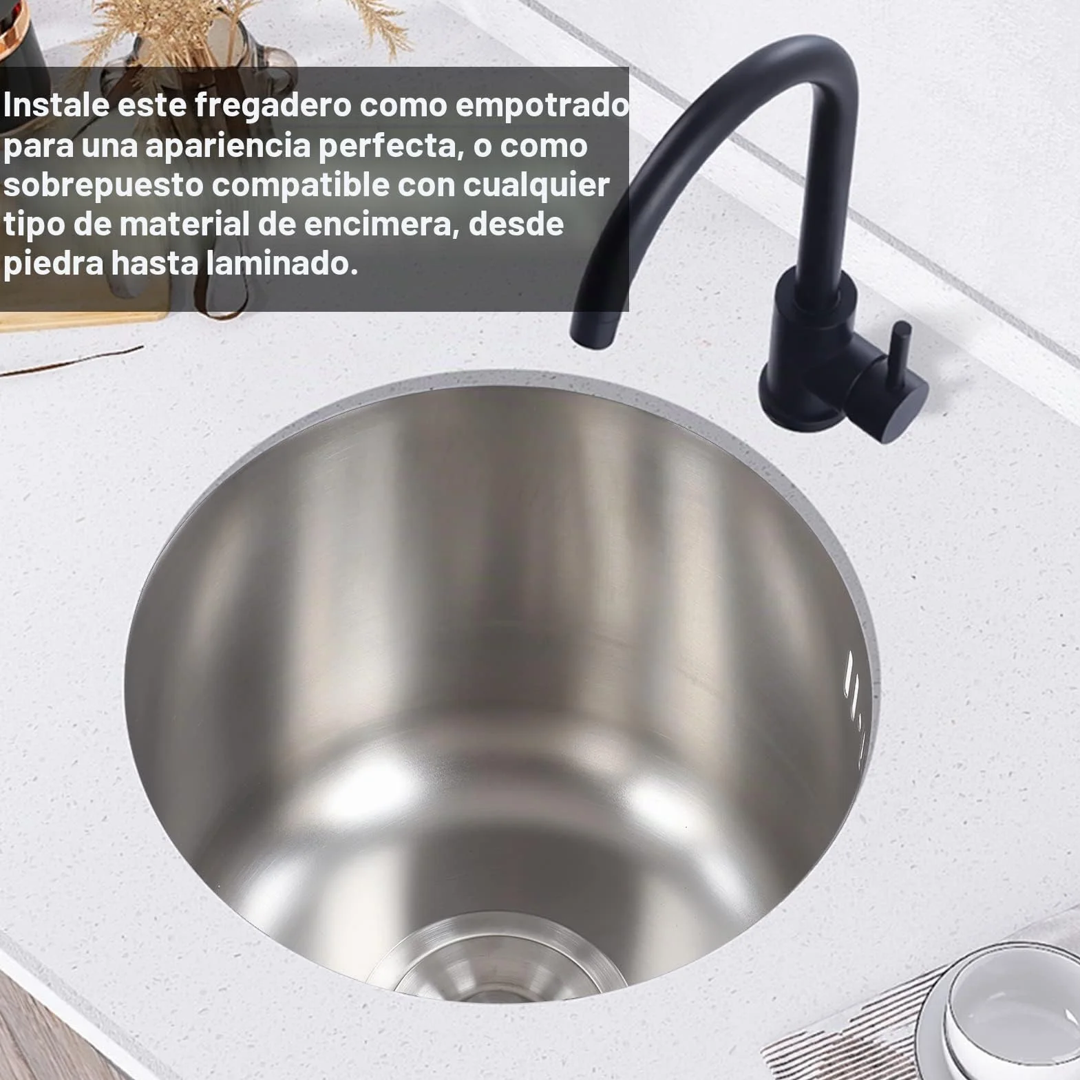 Mini Fregadero de Cocina Redondo Barra de Acero Inoxidable, Fregadero de Cocina Barra de Acero Inoxidable Lavabo Redondo con Tubo de desagüe 30 cm de diámetro