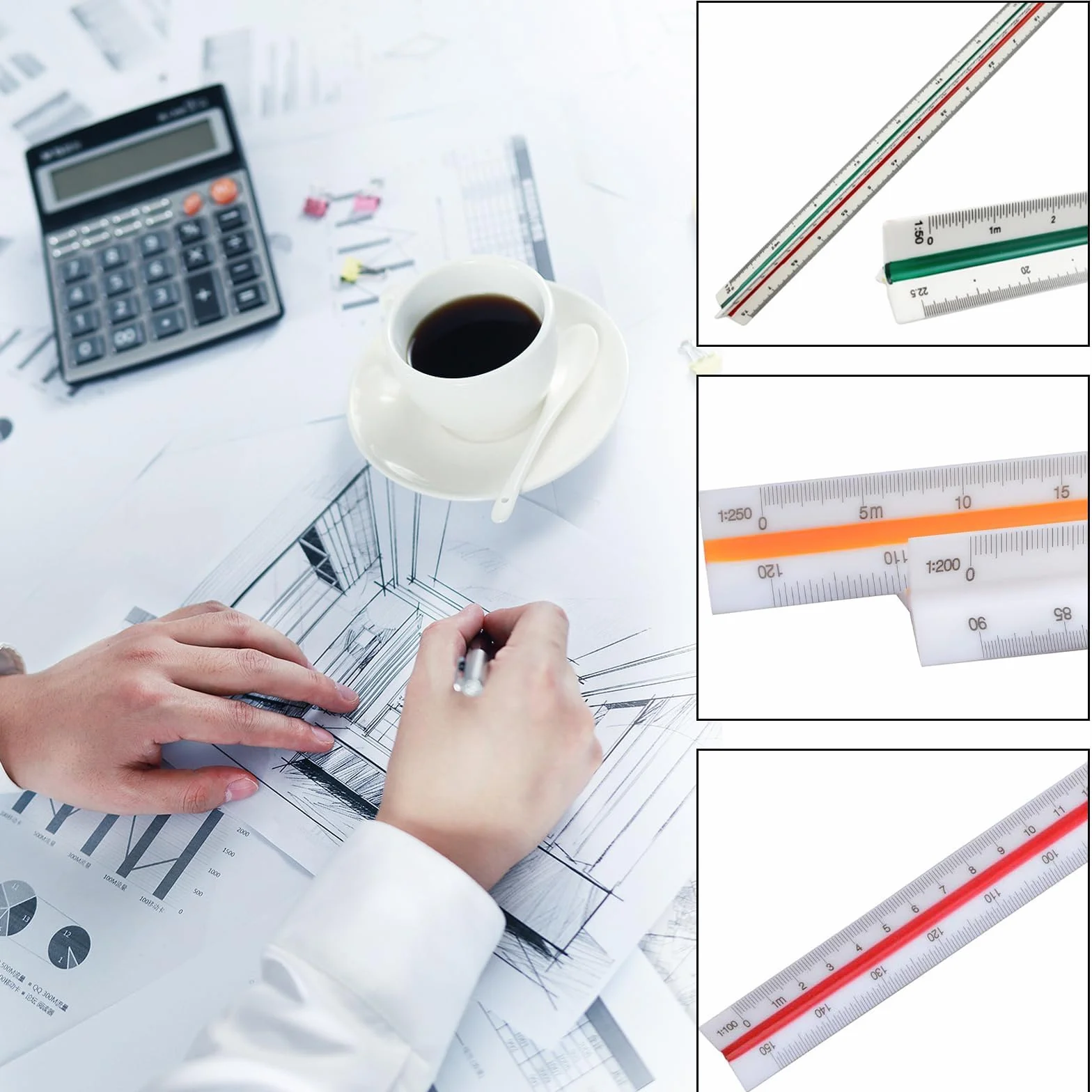 Escalímetro Triangular Profesional 30 cm 1:20 1:25 1:50 1:75 1:100 1:125 1:100 1:200 1:250 1:300 1:400 1:500 Blanco
