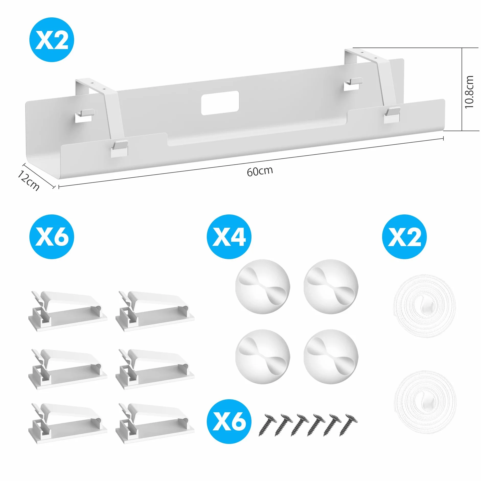 Mimoke Juego de 2 bandejas de gestión de Cables, 120 cm (2 x 60 cm), Bandeja para Cables de Acero para Escritorio, regleta, fácil de Montar, Ahorra Espacio (Blanco)