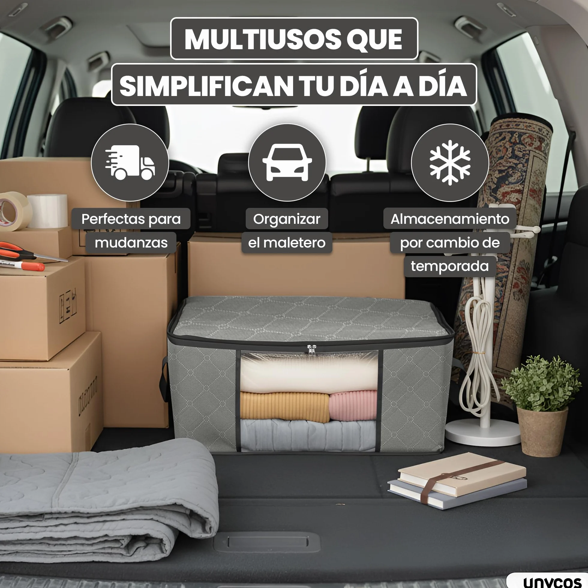 unycos Cajas Almacenaje Ropa 35L Bolsas Plegables Ventana Transparente Doble Cremallera Asas Reforzadas Organizador Toallas Edredones Juguetes 10 kg Grey Black