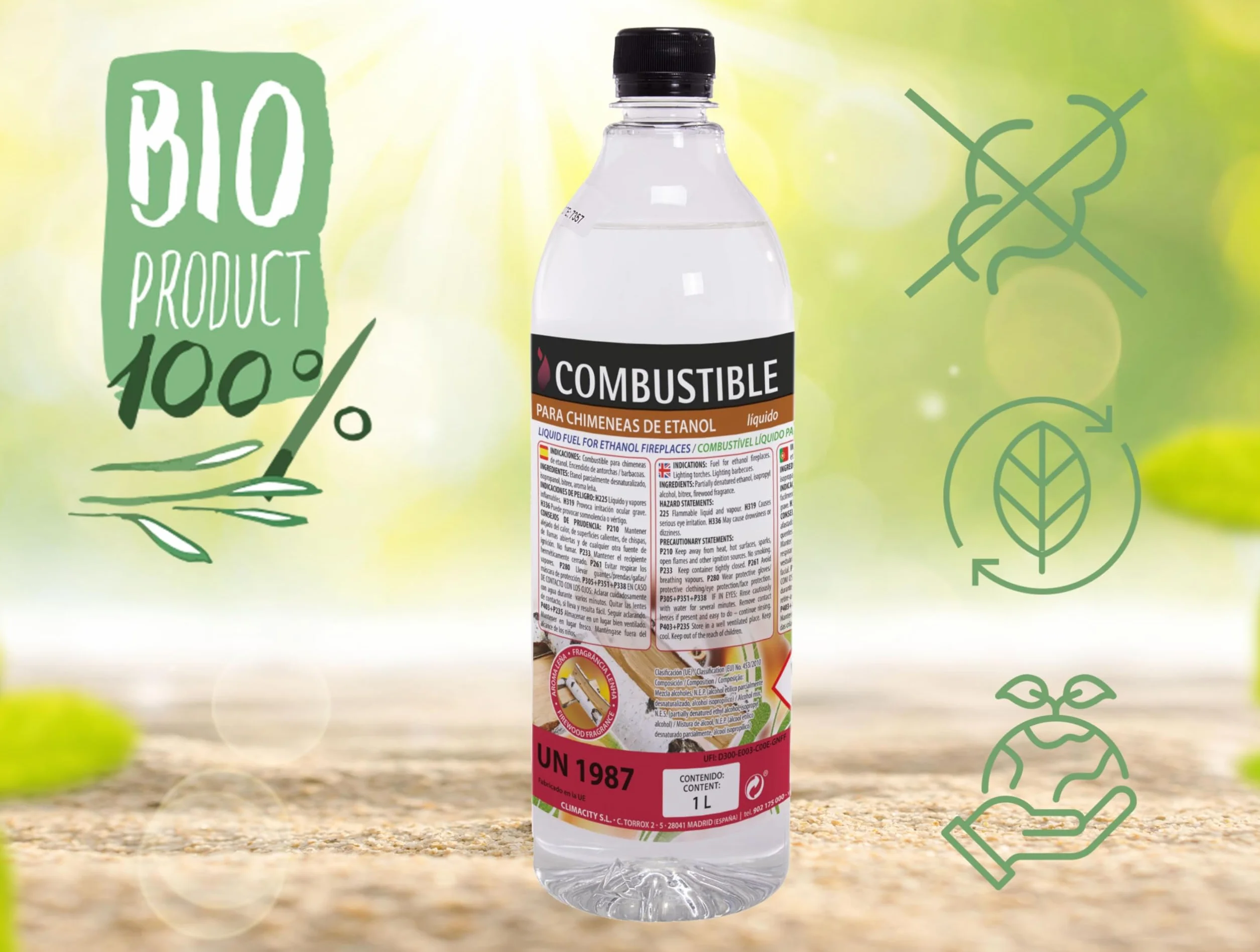 PUR LINE | Combustible etanol vegetal aroma a madera biochimeneas, caja 12 botellas 1L - Combustible Etanol Ecológico, sin humo, elimina olores y recrea ambiente chimenea leña
