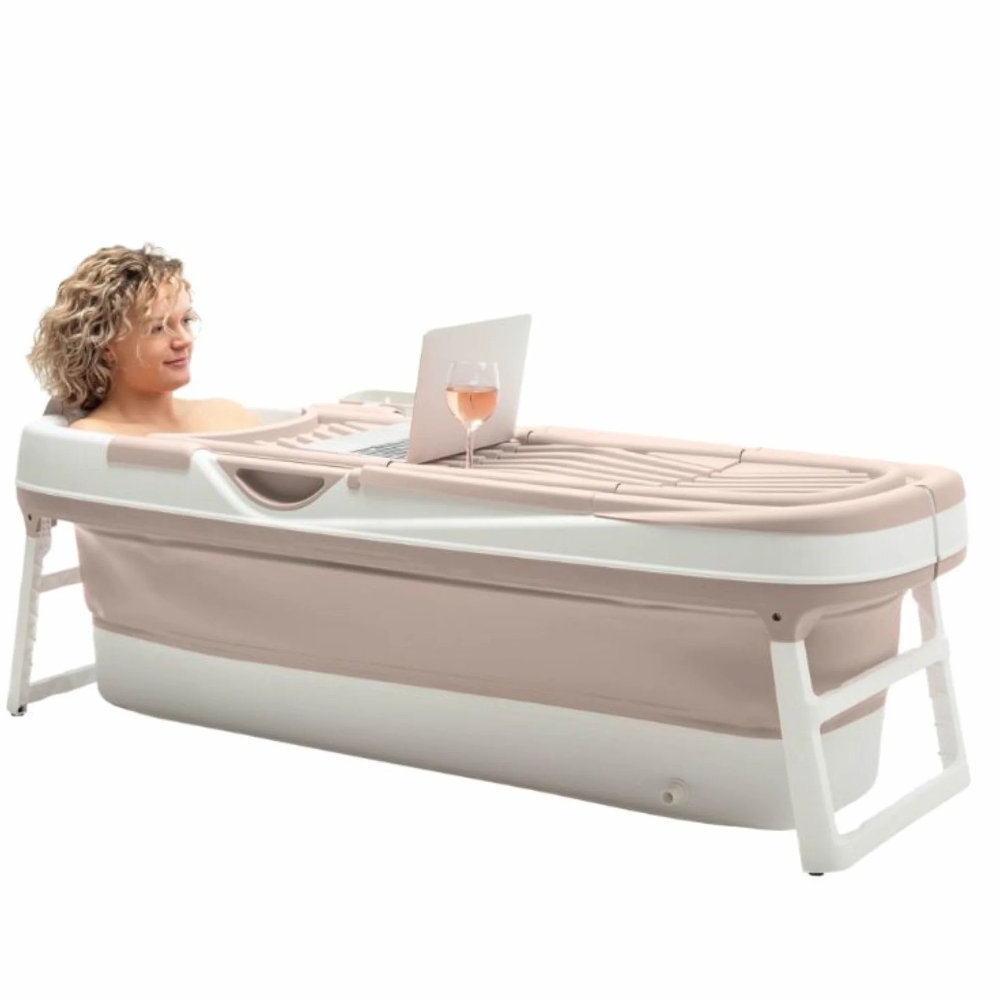 HelloBath® Bañera Plegable XXL 157x60x48 cm para Adultos | Bañera Portátil con Cojín de Baño, Bolsa de Almacenamiento, Luz LED & Rodillos de Masaje | Móvil para Ducha & Exterior | Arena