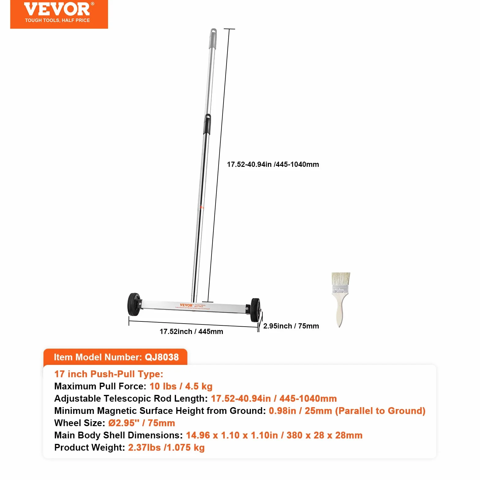 VEVOR Barredora Magnética de 44,5 cm con Ruedas y Mango Ajustable Capacidad de 4,5 kg, Mini Barredora Liviana Magnética para Recoger Clavos y Tornillos Fácil Limpieza del Taller, Garaje, Patio