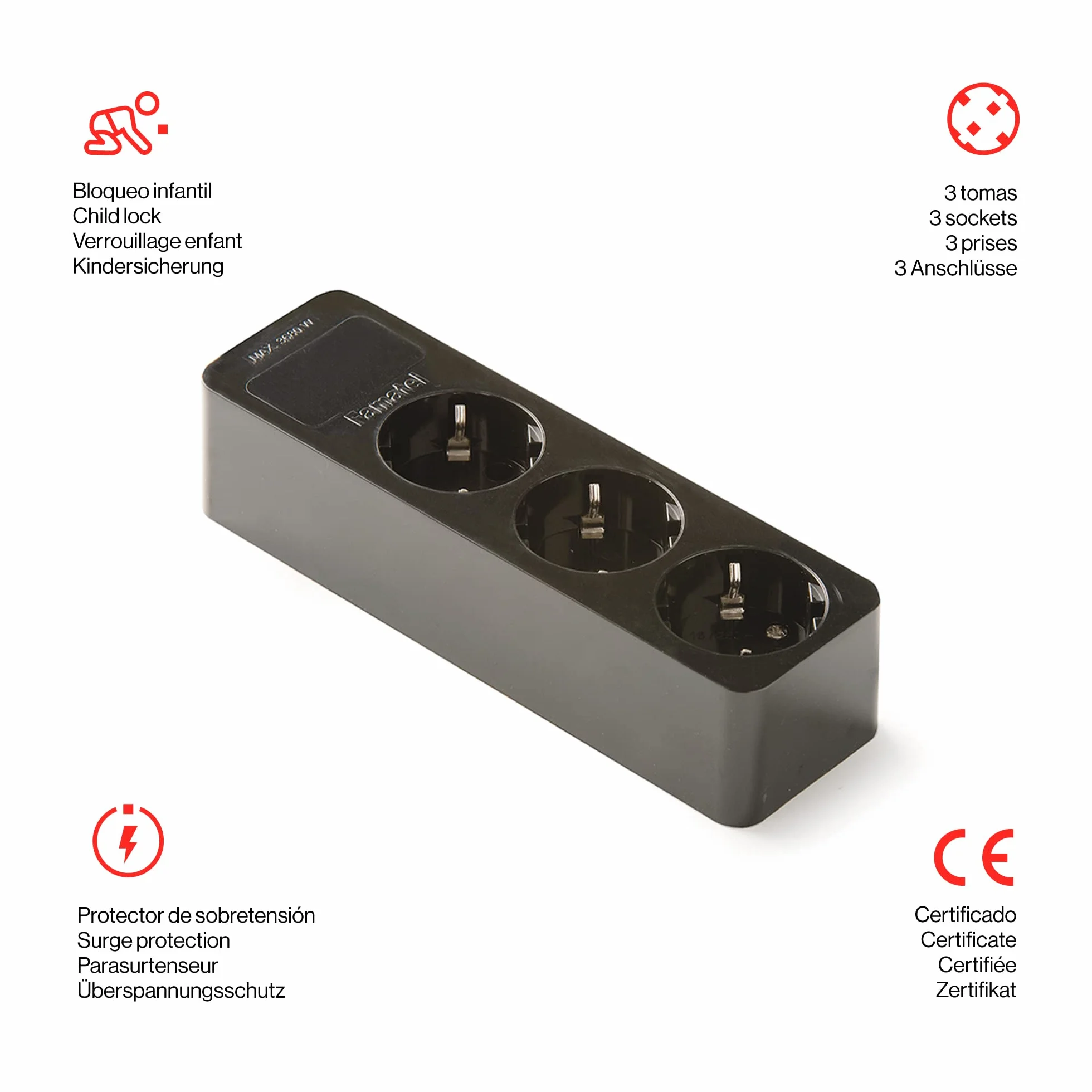 FAMATEL – Regleta de 3 tomas | Sin Cable | Hasta 3680W | 16A | 250V | Protección Infantil | Orientación tomas a 45o | Evita consumos fantasma | Negro