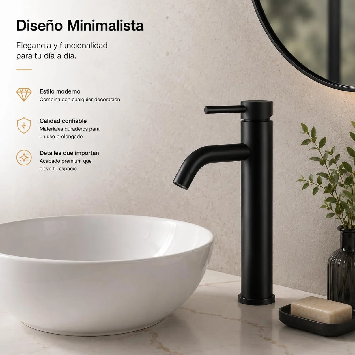 Grifo de Lavabo Alto Monomando para Baño, Acero Inoxidable, Acabado Negro Premium Resistente al Desgaste, Diseño Moderno y Minimalista(ALTO NEGRO)