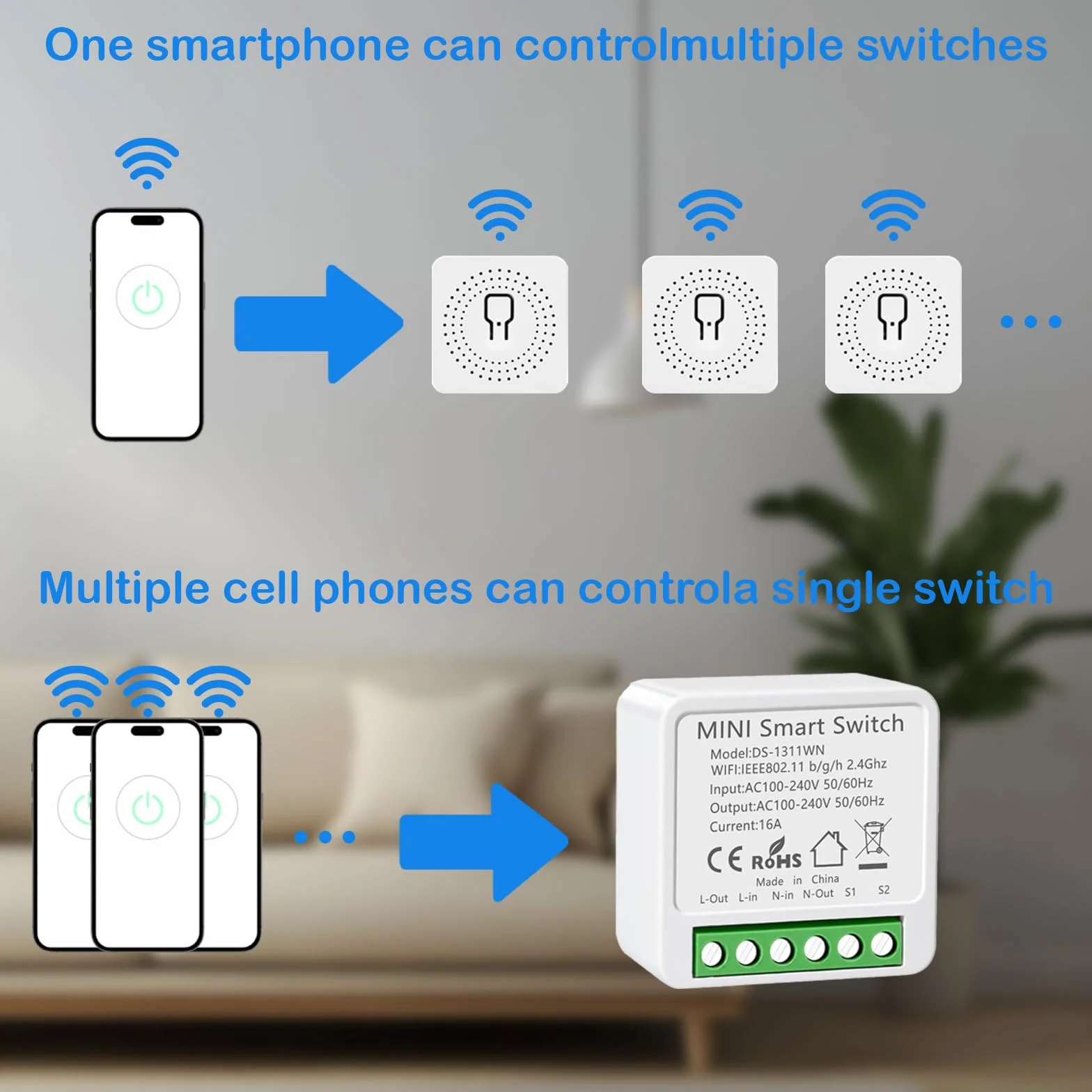 Interruptor WIFI, Interruptor Inteligente WIFI, Mini Smart Switch WIFI Compatible con Alexa,Tuya y Smart Life, Max 16A, 2.4GHz Interruptor Alexa