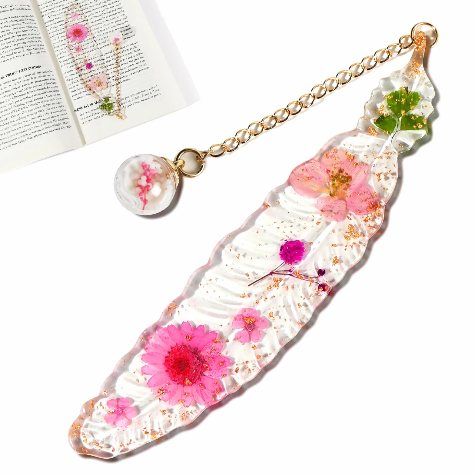 Marcapáginas de Flores Secas de Resina con Caja de Regalo - Accesorio de Lectura Original para Estudiantes y Mujeres (Rosa)