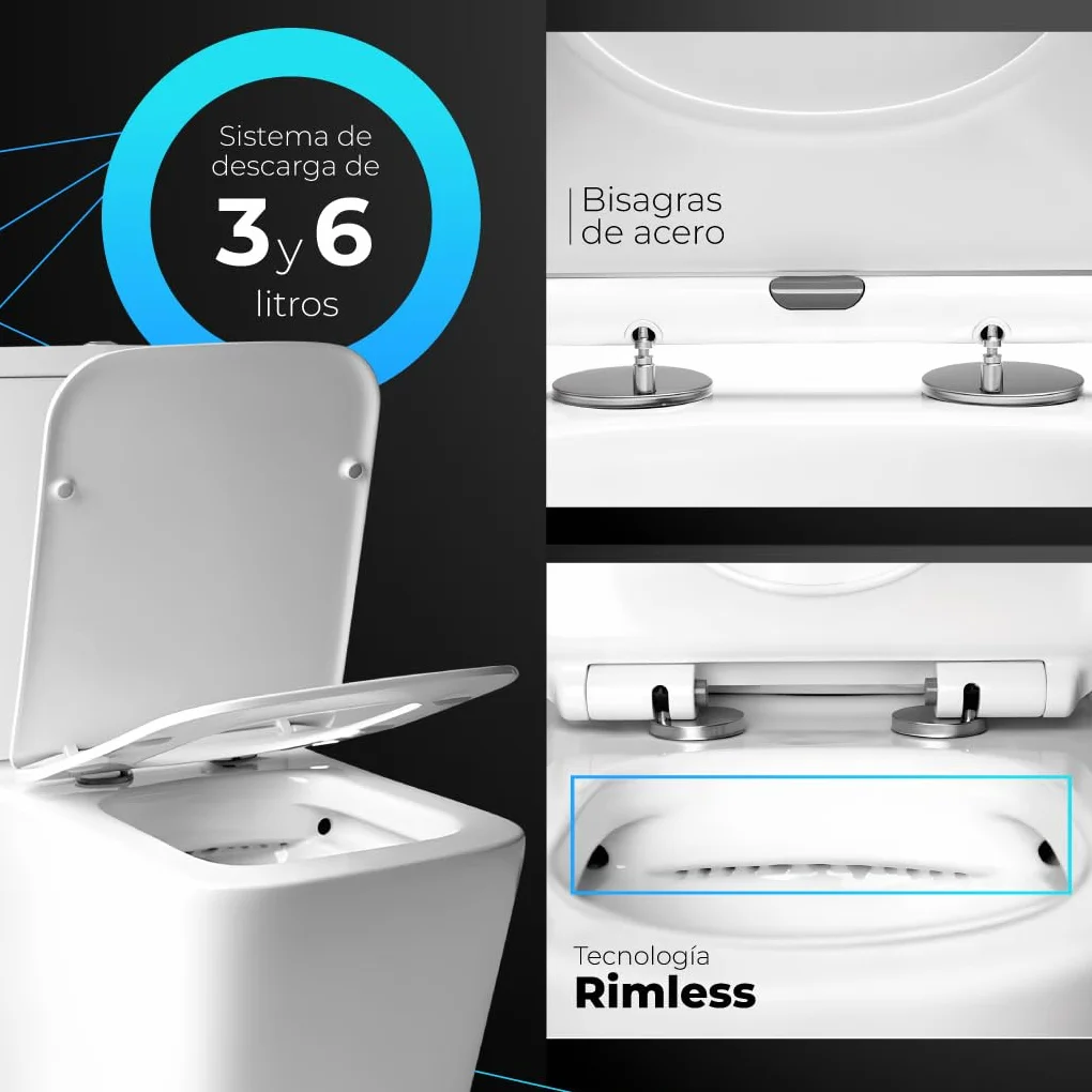 INODORO Completo con BIDET, Inodoro y Bidet Blanco, Pack Wc Inodoro, Retrete con Bidet para Hogar, Sistema Rimless Antibacterias, Tapa Dura Extrafina Amortiguada, Salida Dual