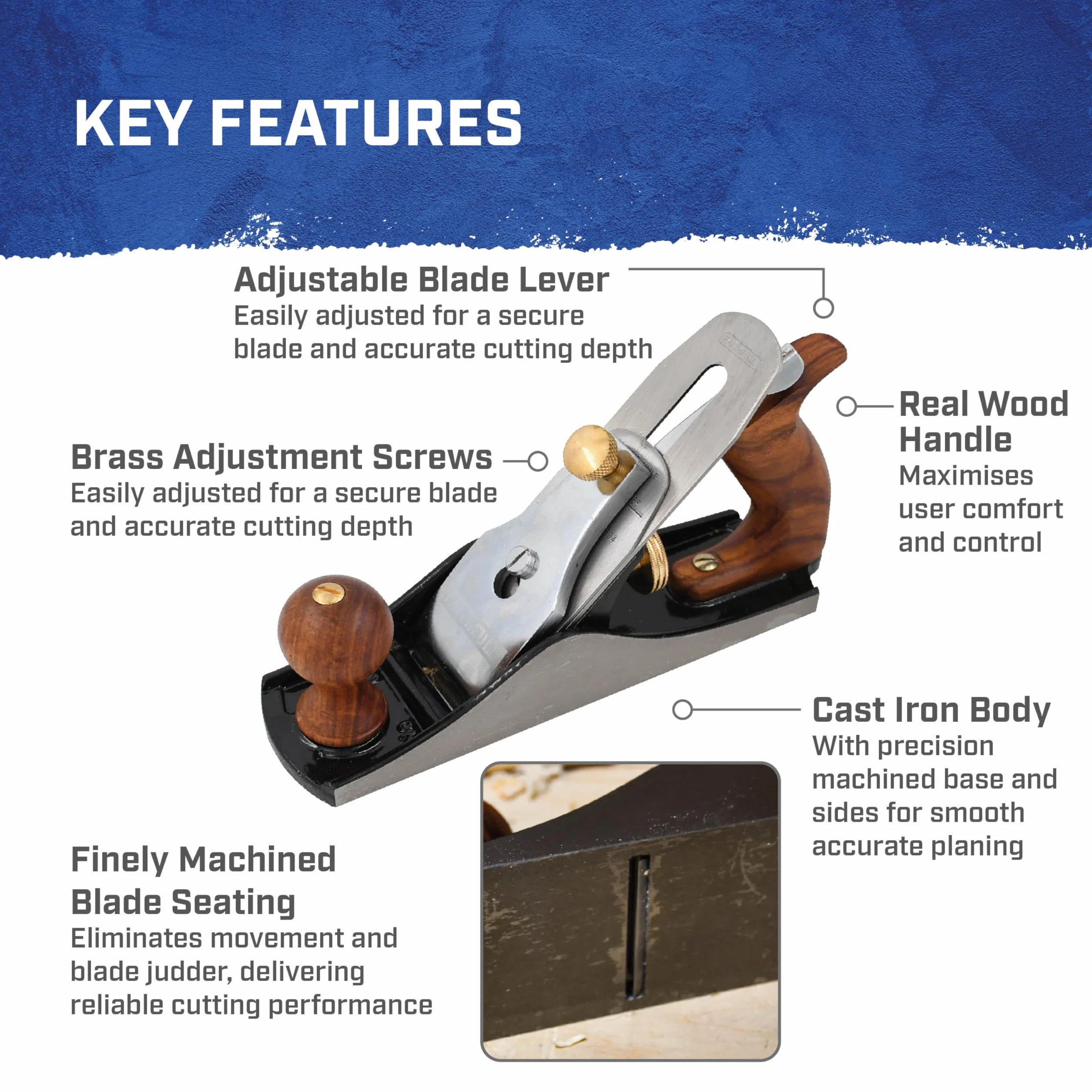 Rabot de finition Faithfull n° 3 – Rabot à bois en fonte usinée avec précision pour bois durs et tendres, ébénisterie, menuiserie et lissage