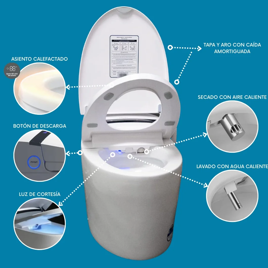 Nashi - Inodoro Japonés Salida Dual Suelo o Pared | Inodoro con Bidet | Asiento Calefactable, Limpieza con Agua Caliente y Secado | Luces LED | Mando a Distancia y Panel | WC Inteligente | Aldara New