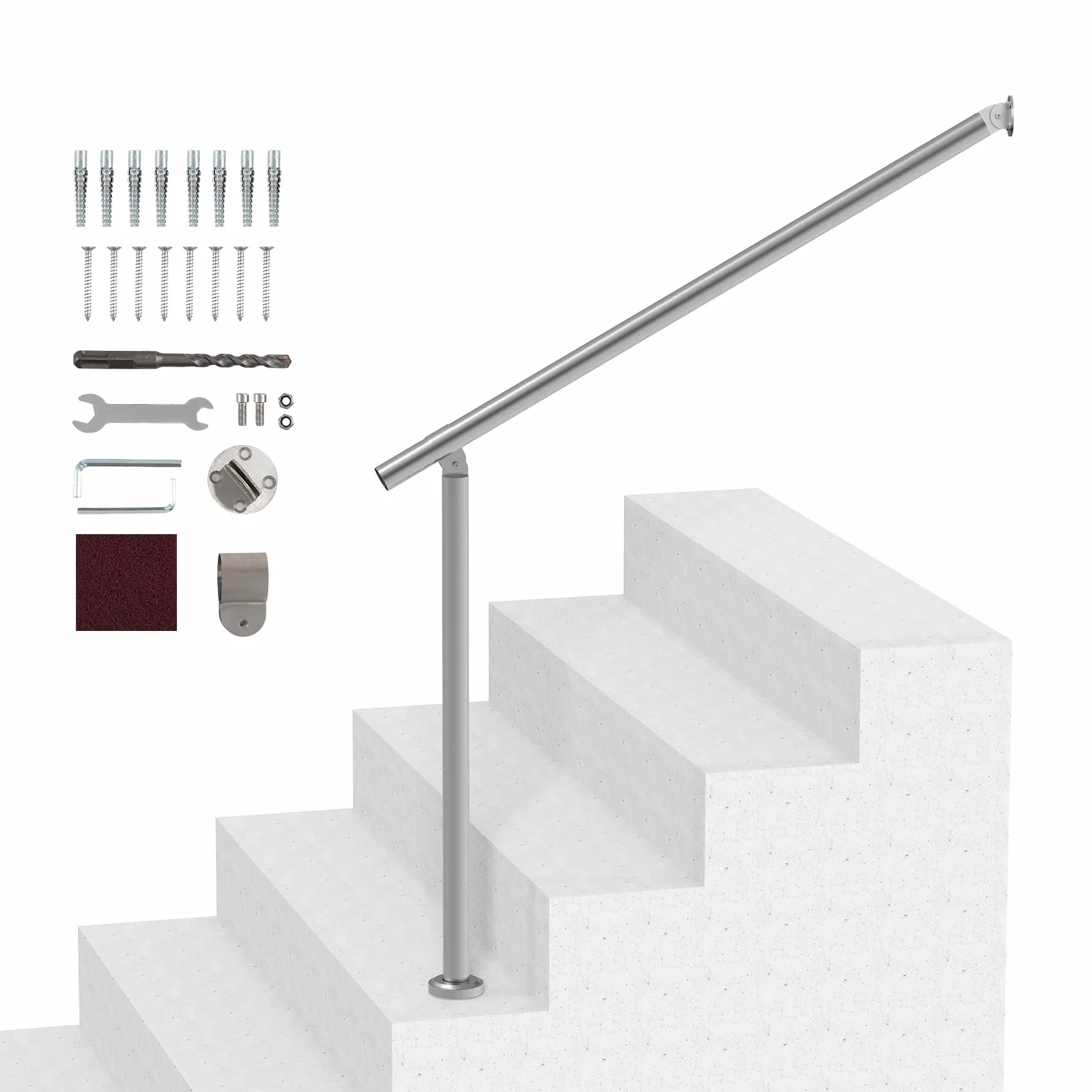 VEVOR Barandilla de Escalera 100 cm Pasamanos de Escalera para Escalones Exteriores de Acero Inoxidable Montaje en Pared y Suelo con Kit de Instalación para Personas Mayores, Porche, Terraza, Plata