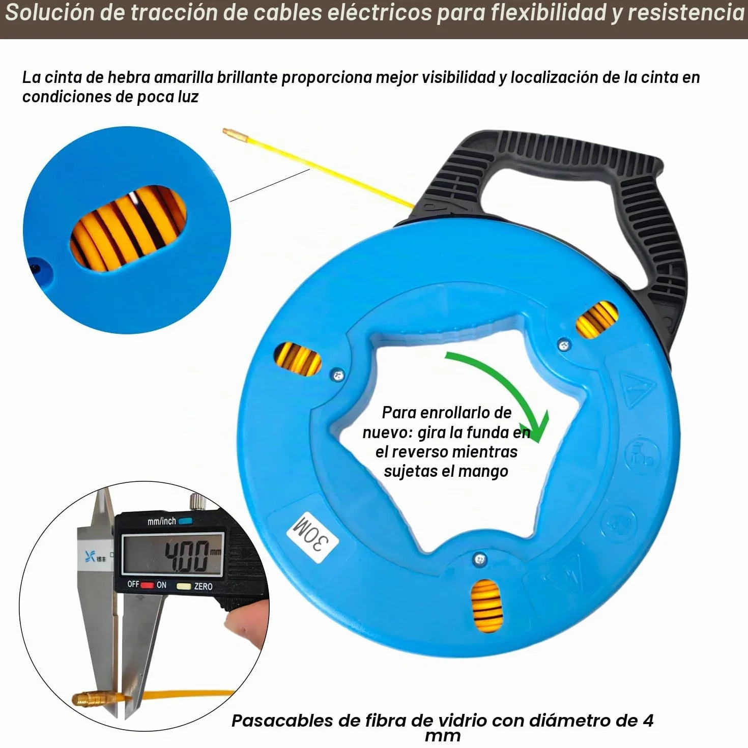 Cinta retráctil Guia Pasacables Trenzada 30m Guia Cables 4mm Alambre De Tracción Fibra de Vidrio Ayuda de Extracción de Cables para Tirar de Cable Guía Enhebrador de Alambre Electrico con Carcasa