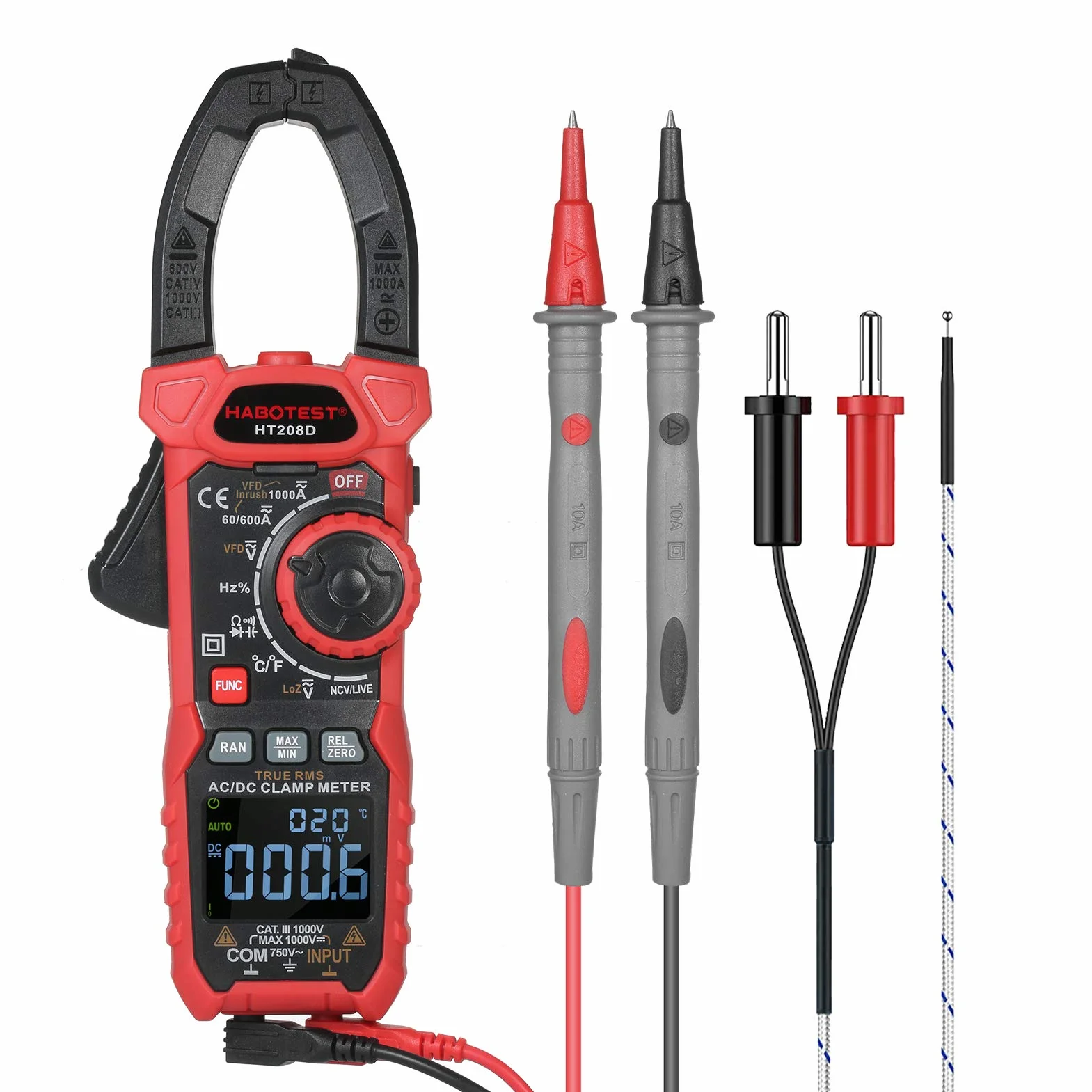 Domary Pinza Amperimétrica Digital de HABOTEST con Función de Corriente Entrada para Uso Profesional Tamaño Mandíbula 40 Mm Negro y Rojo 1 Unidad