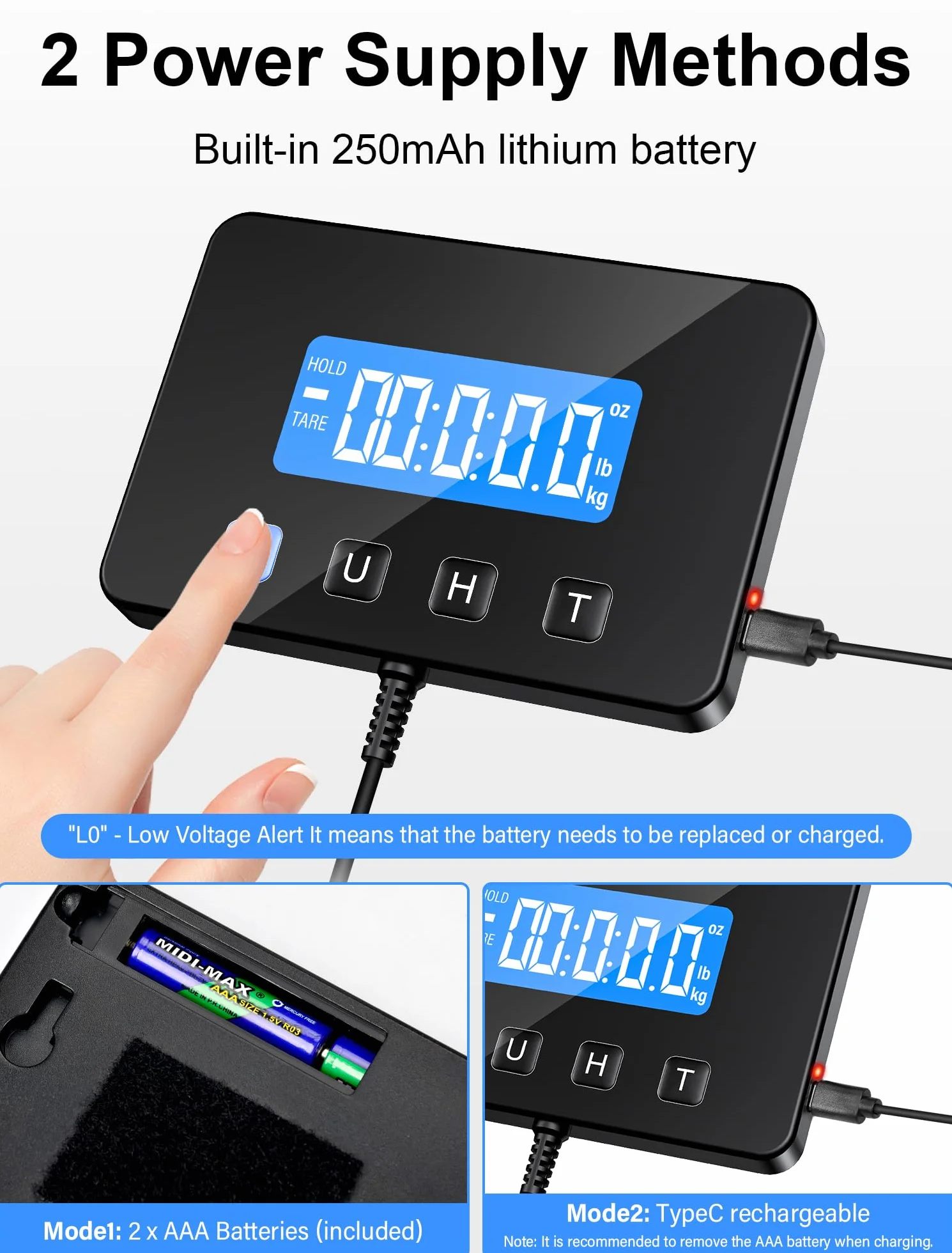 Báscula Digital Industrial 200kg/10g con Retención y Tara, Pantalla LCD, Incluye Baterías
