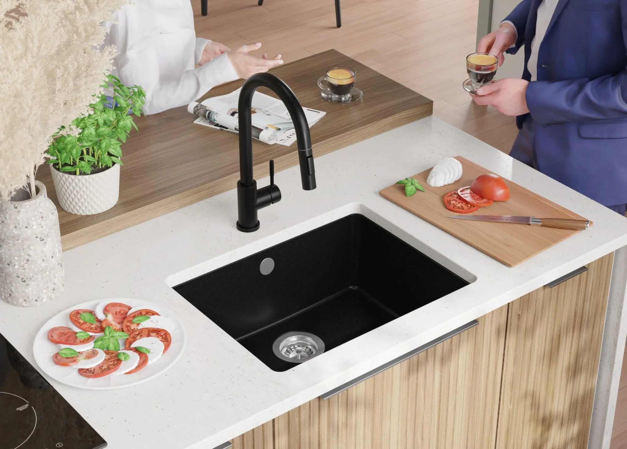 PRIMAGRAN Fregadero bajo Encimera Todo Negro 56x44cm, Cocina 1 Seno + Sifón, Granito al Mueble 60cm - Venecia Easy S067