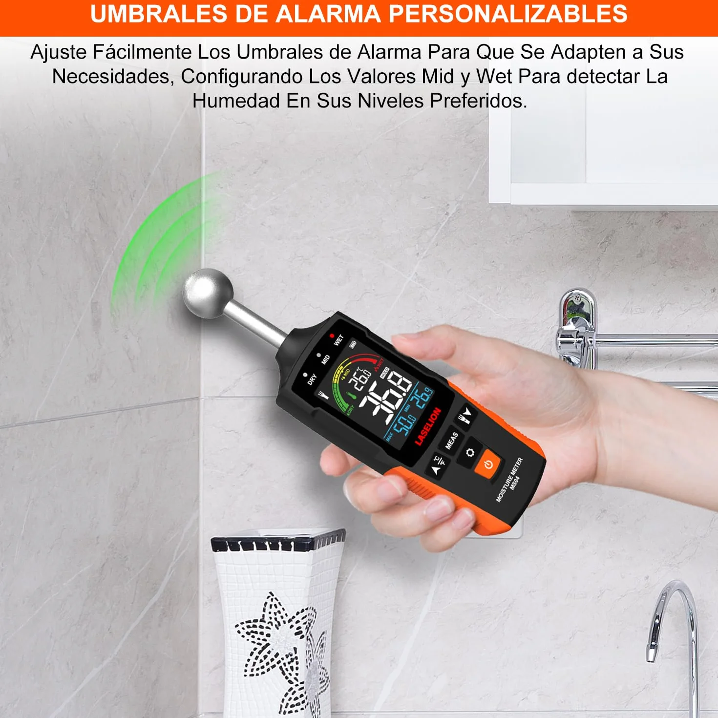 LASELION Medidor de Humedad No Destructivo - Sensor Esférico 5-40mm, Temperatura en Tiempo Real (°C/°F), Detecta Humedad Oculta en Madera/Paredes/Obra, Alarmas Personalizables - MS04