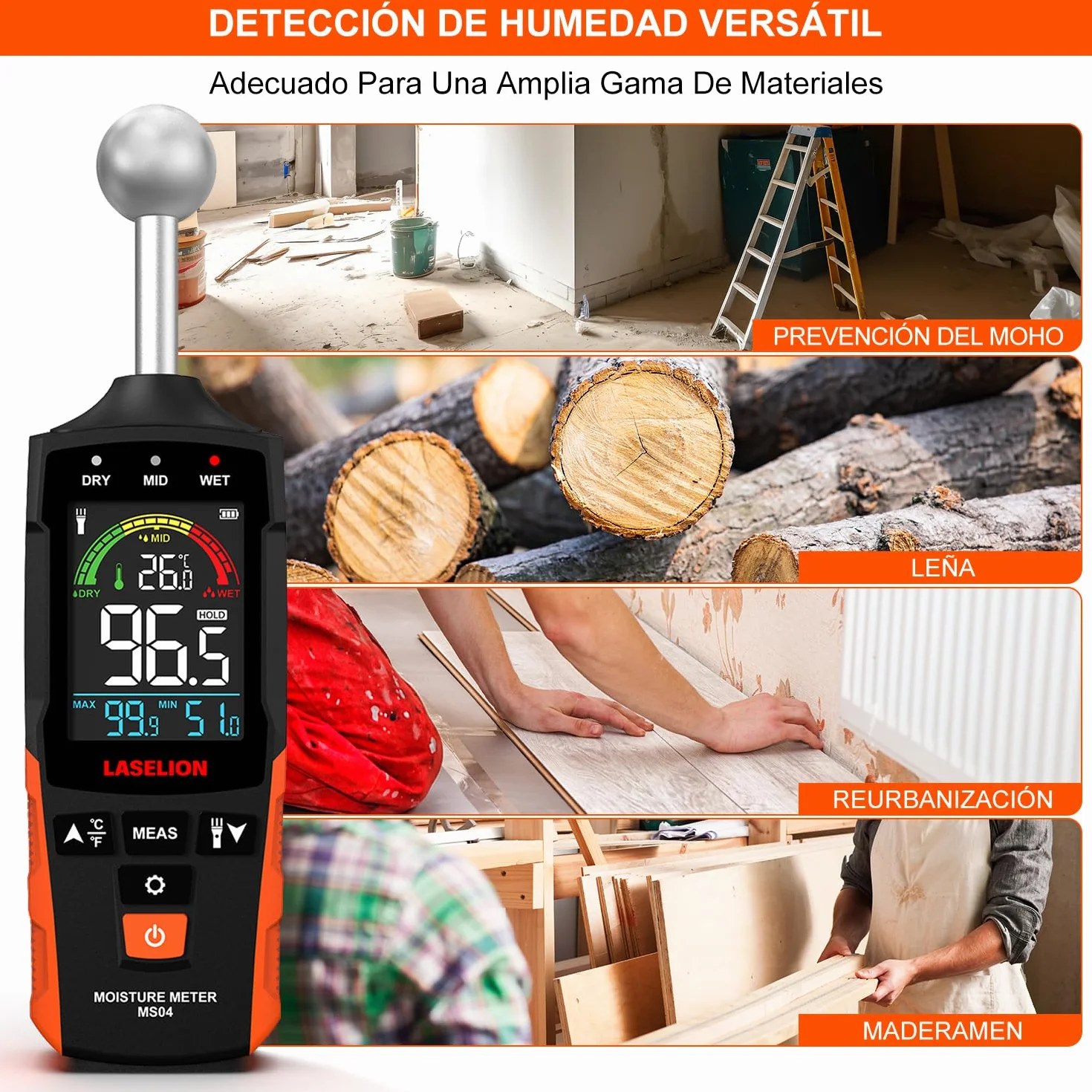 LASELION Medidor de Humedad No Destructivo - Sensor Esférico 5-40mm, Temperatura en Tiempo Real (°C/°F), Detecta Humedad Oculta en Madera/Paredes/Obra, Alarmas Personalizables - MS04