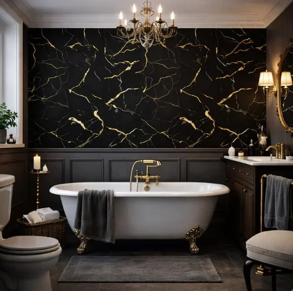 Be-Creative - Juego de 4 paneles de pared de baño con efecto mármol negro y dorado, paneles de ducha de PVC de 240 cm x 60 cm, revestimiento de pared húmedo 100% impermeable para baños, duchas y