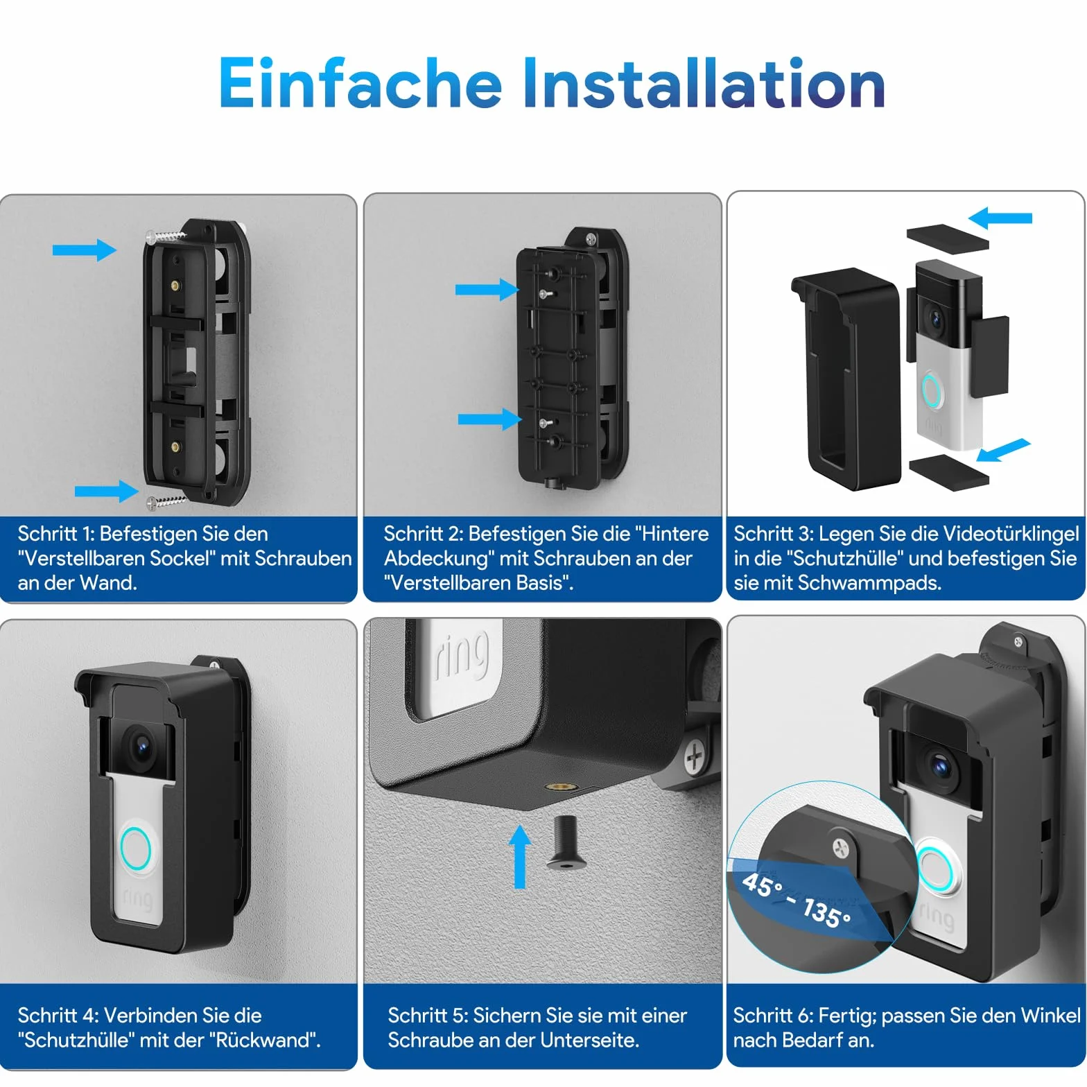 Soporte para Timbre con Vídeo a Prueba de Lluvia, 45-135° Compatible con Video Doorbell Wired/Pro-Pro2/4/3 Plus/3/2/1(Batería), Soporte Angular Antirrobo para Timbre, Accesorios Ajustables para Timbre