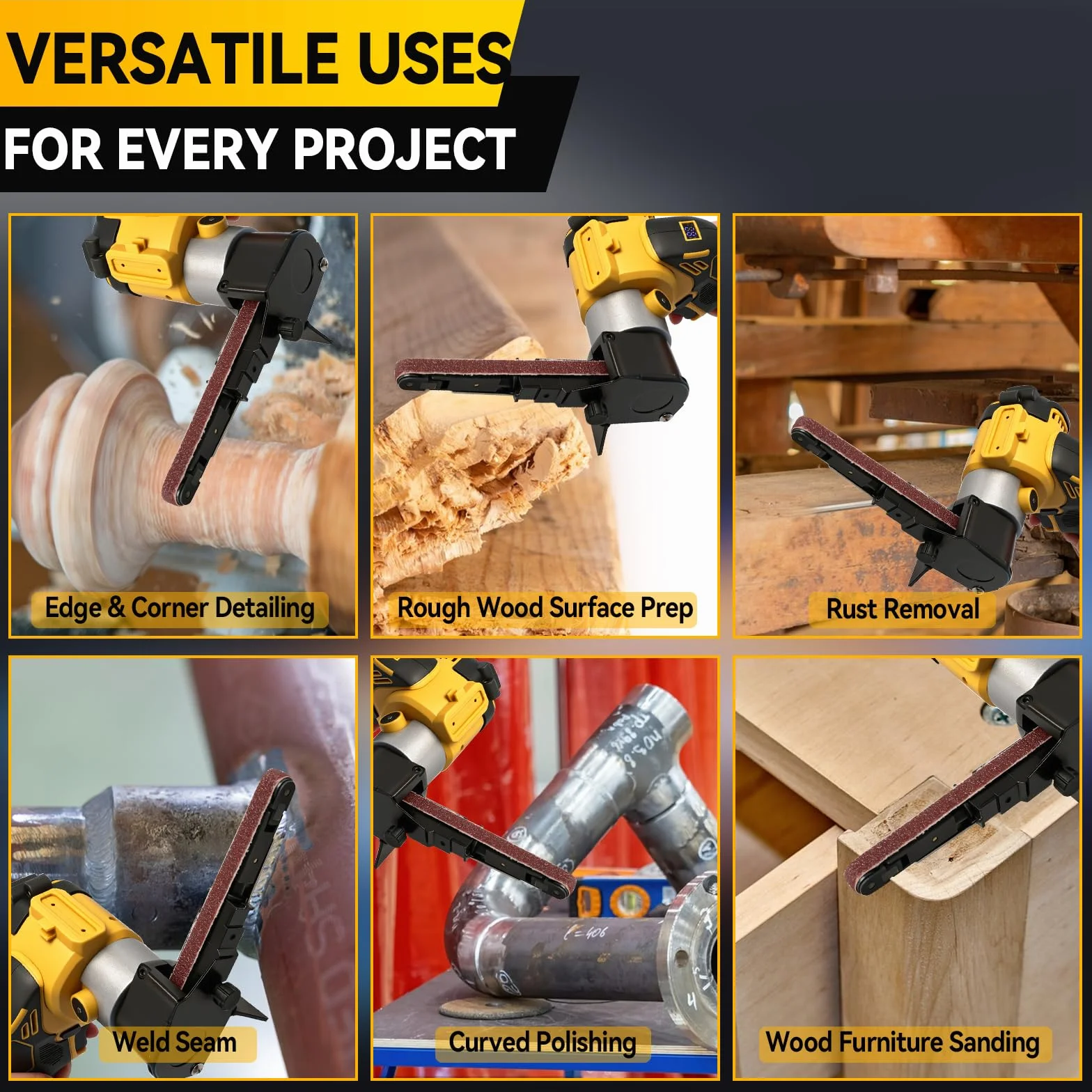 Lijadora de banda inalámbrica compatible con batería Dewalt de 20 V, amoladora de banda ajustable de 0 a 13000 rpm, 360° sin escobillas con 20 bandas de lijado para madera, metal y plástico (amarillo