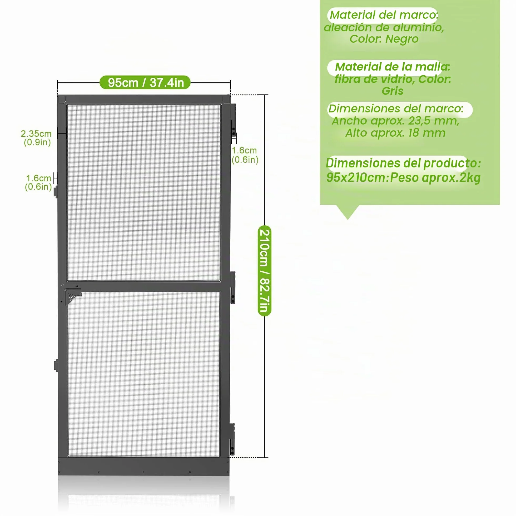 UISEBRT Mosquitera para puerta con marco de aluminio, tejido de fibra de vidrio, 95 x 210 cm, color negro