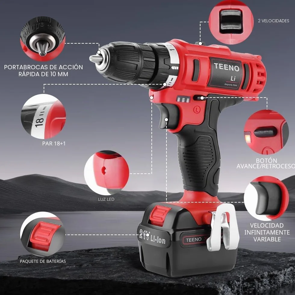 Taladro atornillador inalámbrico TEENO 21V, equipado con 1 batería de 1,5Ah, par de 35Nm, ajuste de 18+1 niveles, 2 velocidades y luz LED, ideal para proyectos de bricolaje.