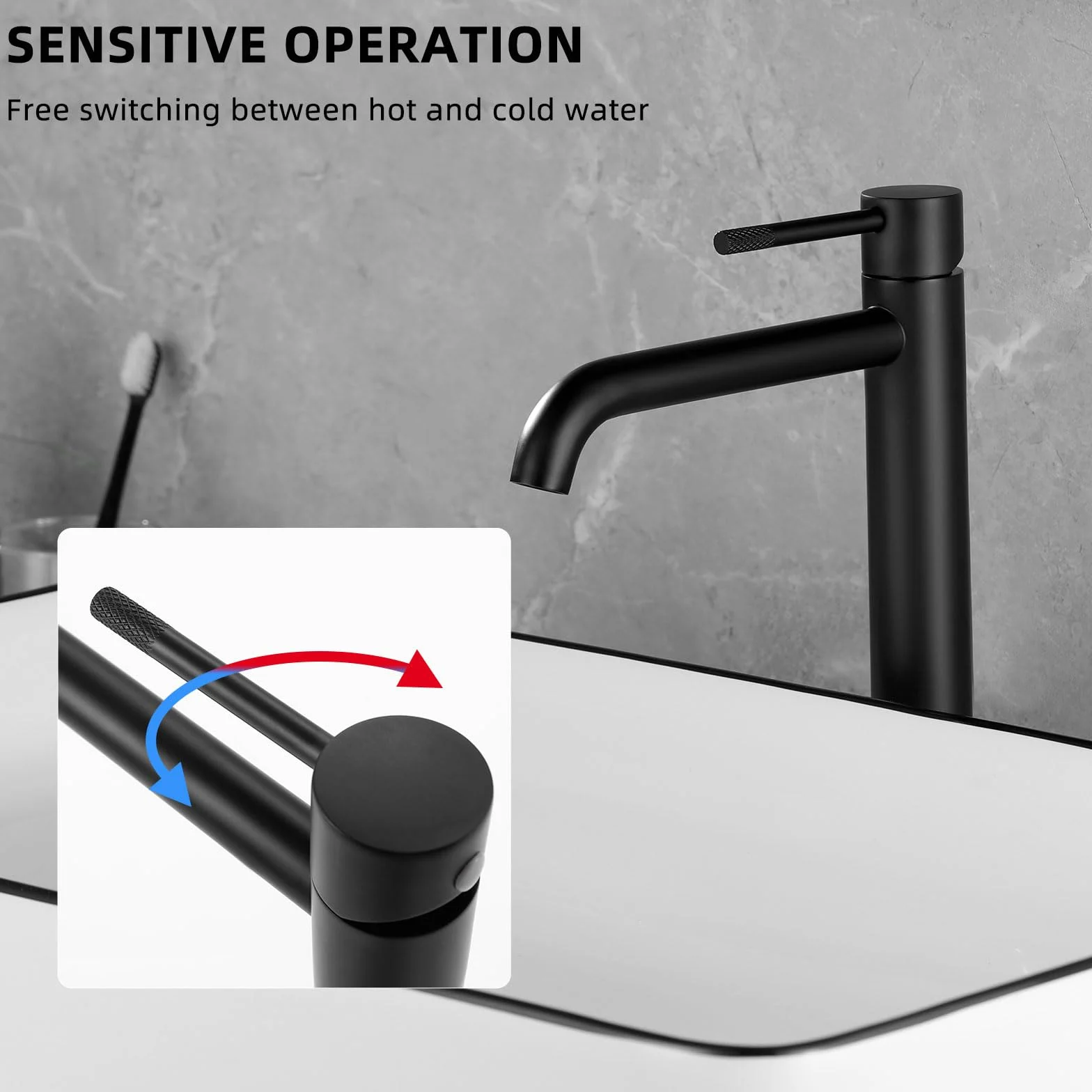 PHASAT Grifo para Lavabo de Baño Negro Alto, Grifo Monomando Lavabo de 304 Acero Inoxidable, Grifo Mezclador de Lavabo PTMP22B