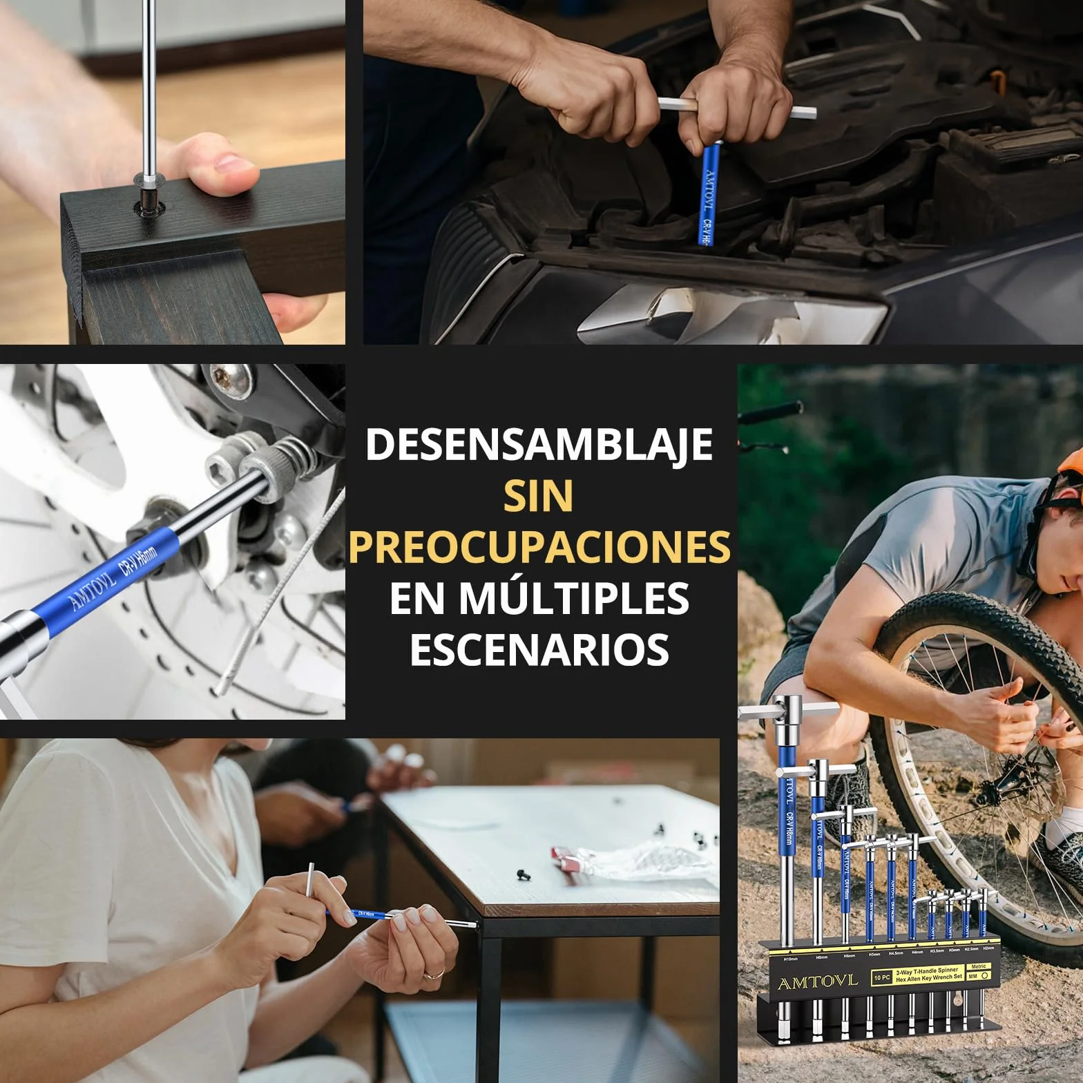 AMTOVL Juego de 10 Llaves Allen Hexagonales con Mango en T,Llaves Allen Métrica on Mango T 2mm-10mm para Mantenimiento de Vehículos,Juego de 10 Piezas con Caja de Almacenamiento