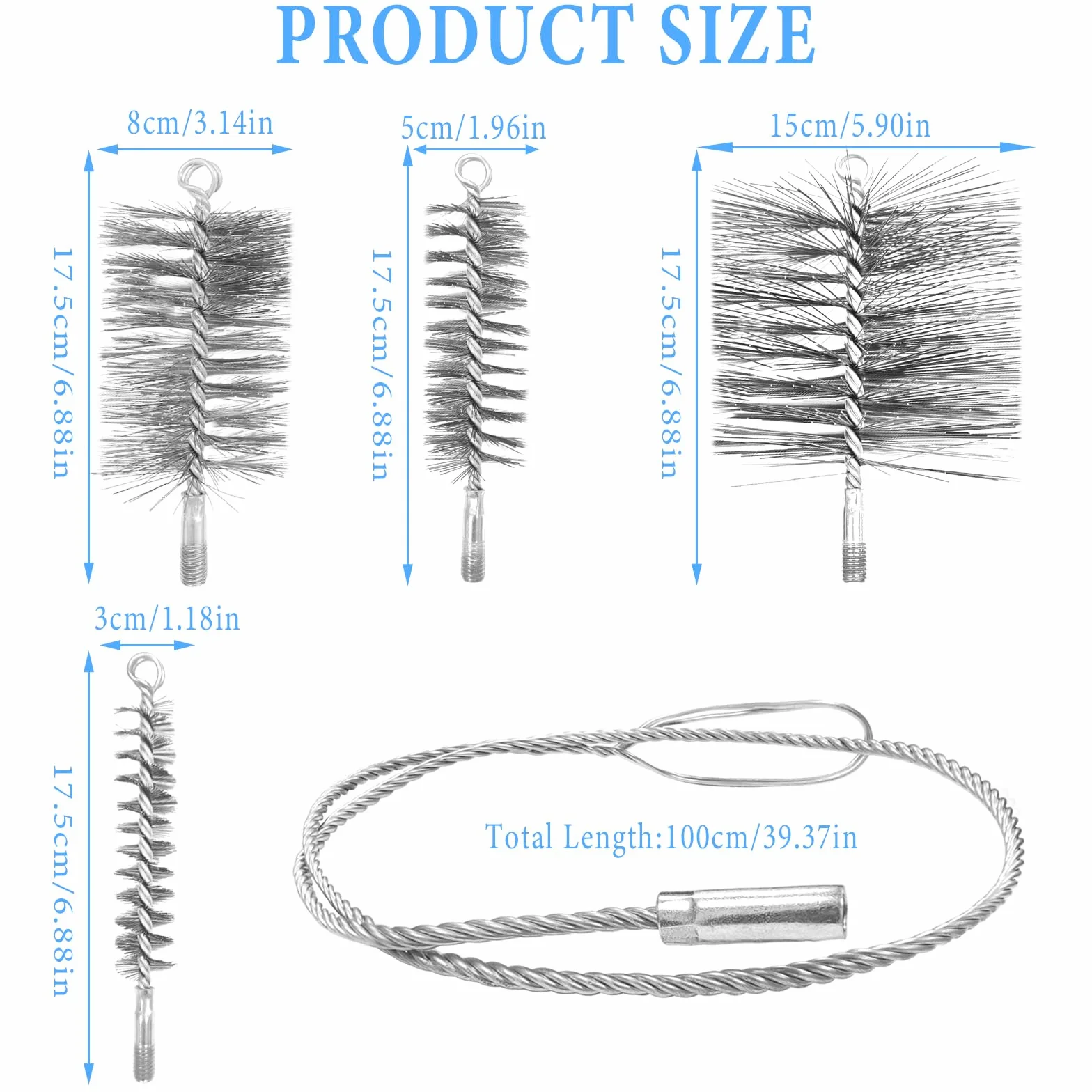 Juego de 5 cepillos de Tubo de Estufa para Tubos de Estufa y Chimenea - Diámetros 30, 50, 80, 150 mm con Varilla Flexible de 1m - Acero para Limpiar Calderas, Conductos de Humos (Plateado)