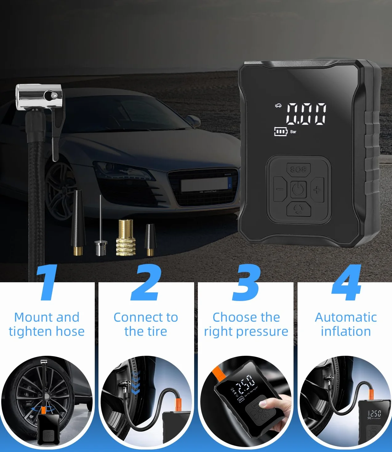 Hinchador de aire eléctrica, mini compresor de aire de 150 PSI Bomba de bicicleta eléctrica con pantalla LED digital Luz LED Compresor de batería de 3600 mAh para automóvil, bicicleta, motocicleta, b