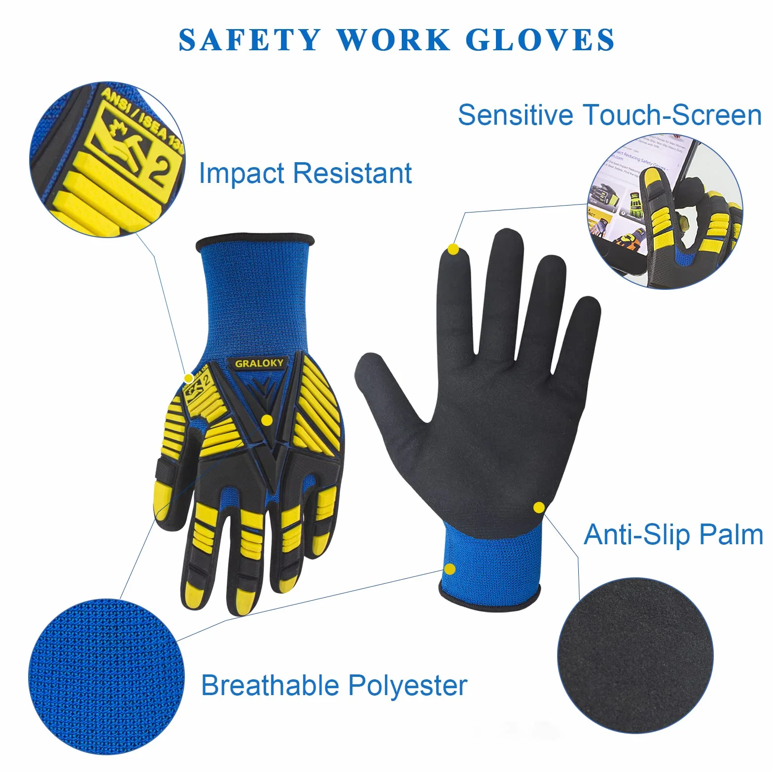 3 pares de guantes de trabajo, guantes resistentes a los impactos con goma para hombres y mujeres, guantes de nitrilo resistentes a cortes para pantalla táctil, guantes mecánicos duraderos