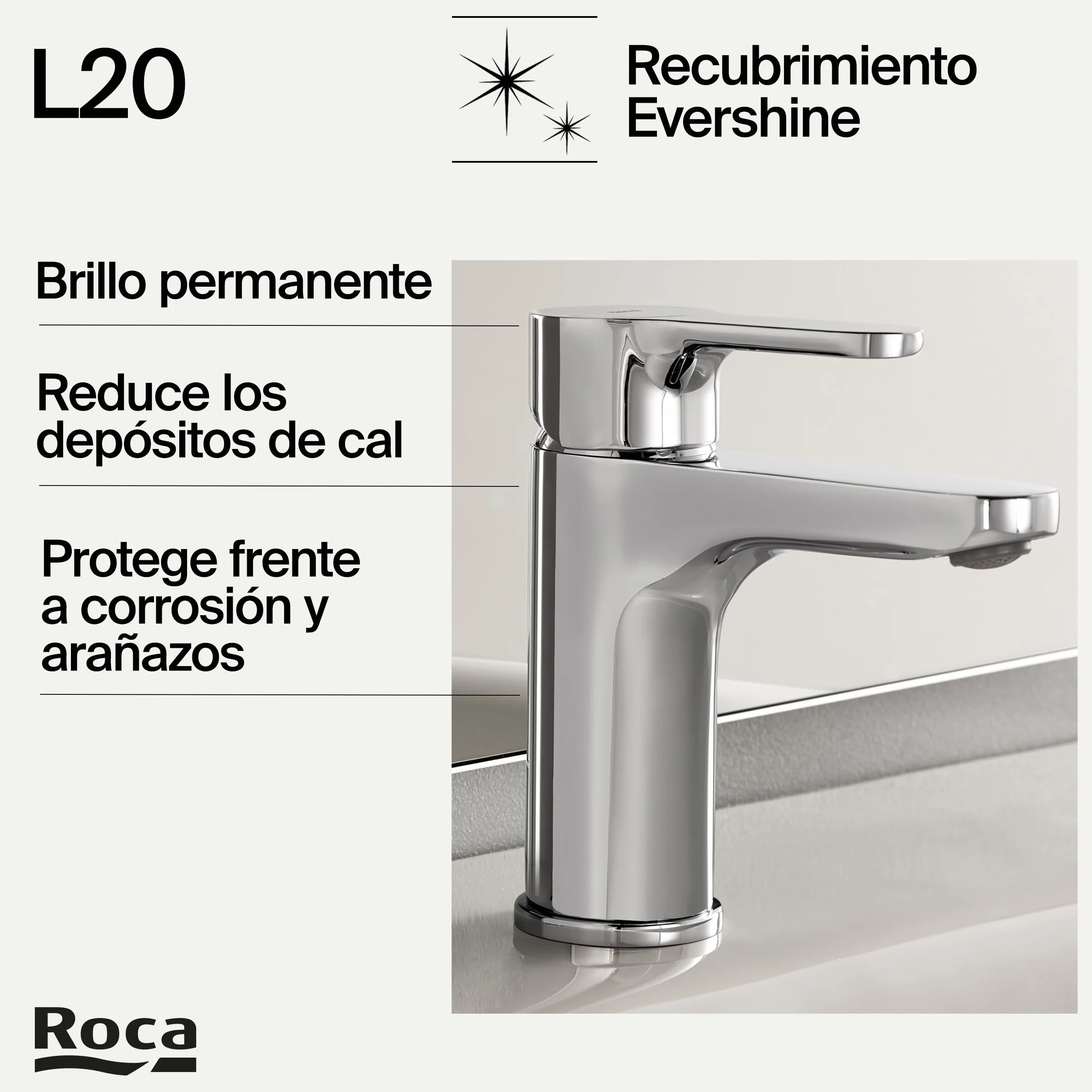 Roca L20 Grifería para lavabo con tecnología Cold Start, grifo monomando de repisa con enlaces de alimentación flexibles, mezclador para cuarto de baño de fácil instalación, cromado, A5A3K09C00