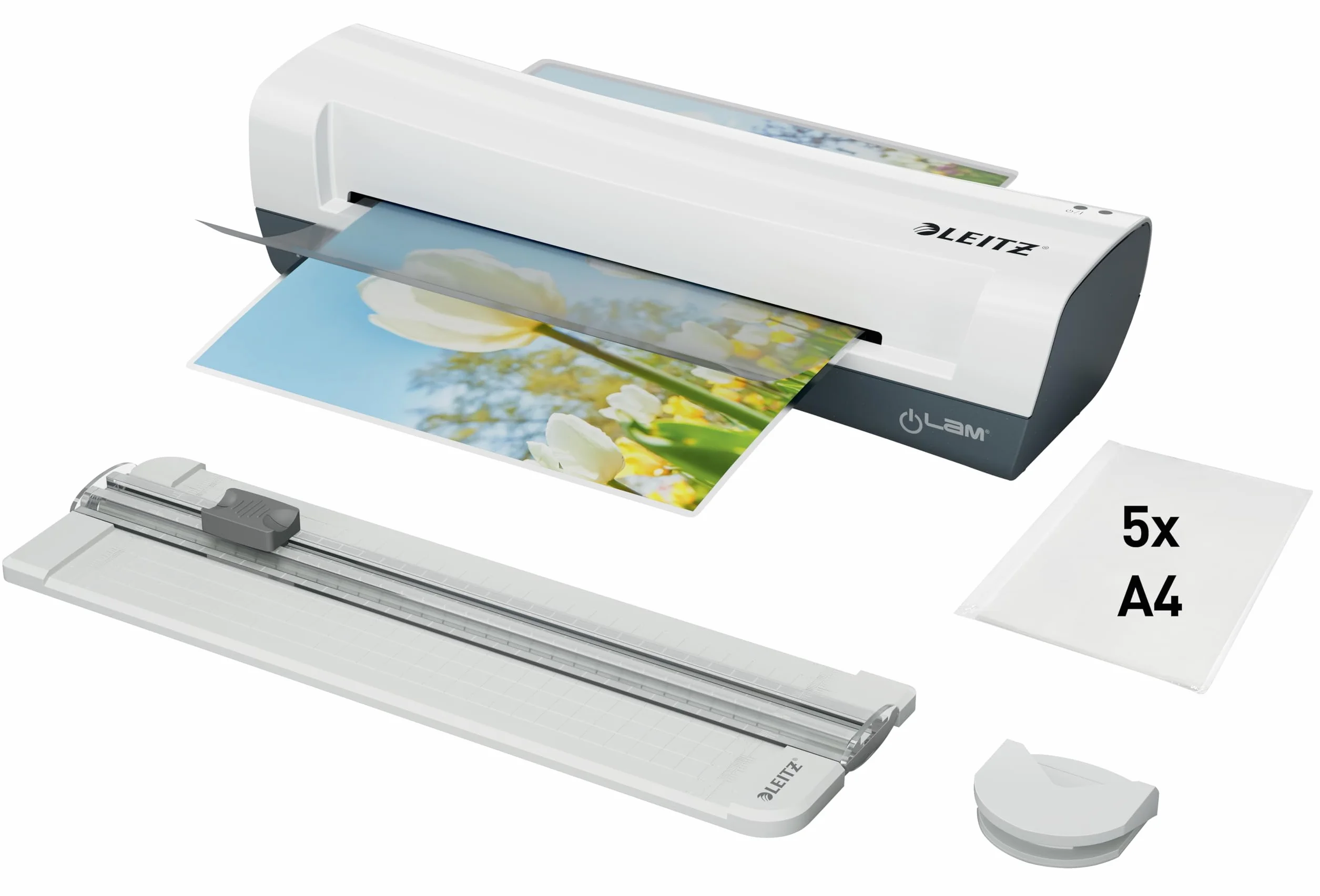 Leitz 74340001 - Plastificadora iLAM Home 4 en 1 A4, Cizalla y Recortadora de Esquinas, Máquina Plastificadora Térmica con 5 Fundas Plastificadoras, 80-125 Micras, para Oficina, Casa y Colegio