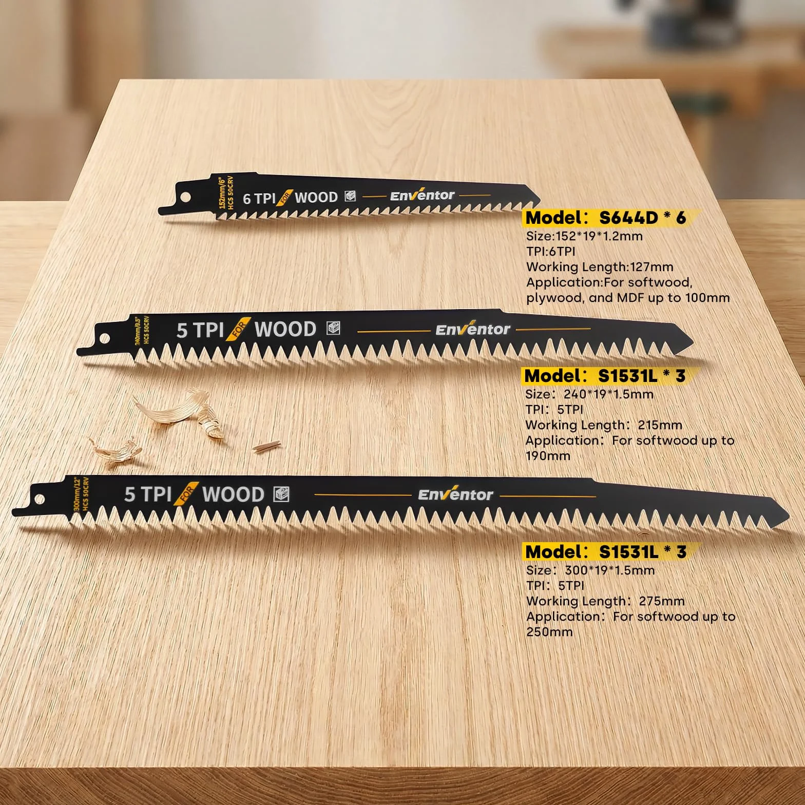 Enventor Set de 12 Piezas para Sierra Sable, Hojas de Corte Madera 152/240/300 mm 5TPI 6TPI HCS, Poda, Ramas, Madera Húmeda, Plástico PVC con Caja