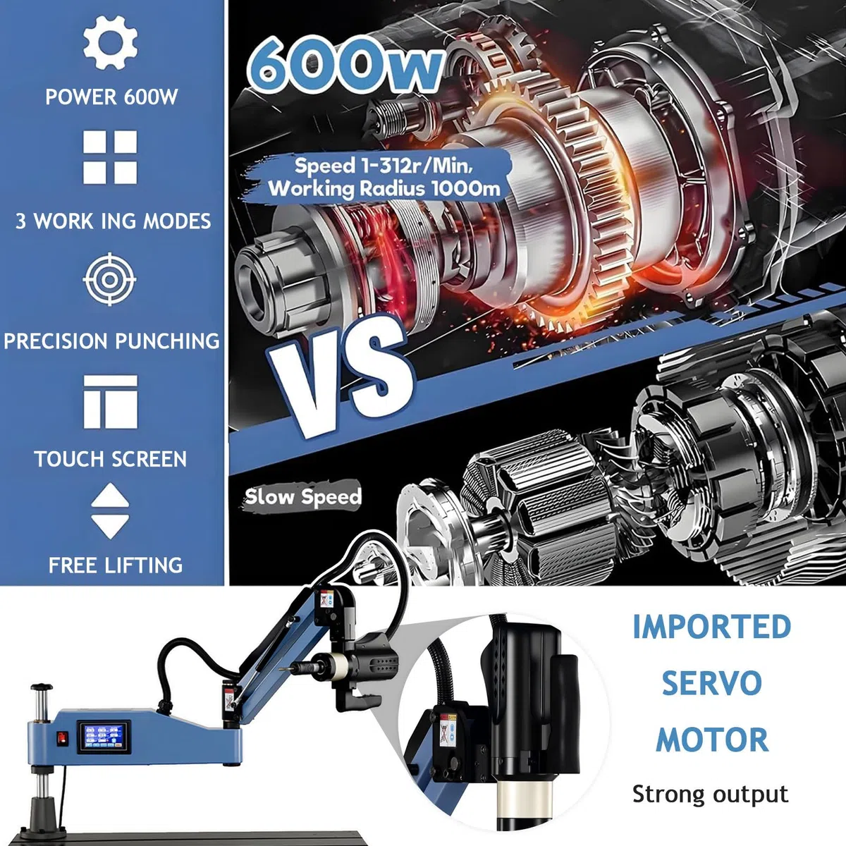 Roscadora Eléctrica con Brazo Roscador Universal M3-M16, Roscadora Eléctrica CNC, Voladiza. Roscadora para Roscadoras, Taladradoras, 8 Pinzas Estándar