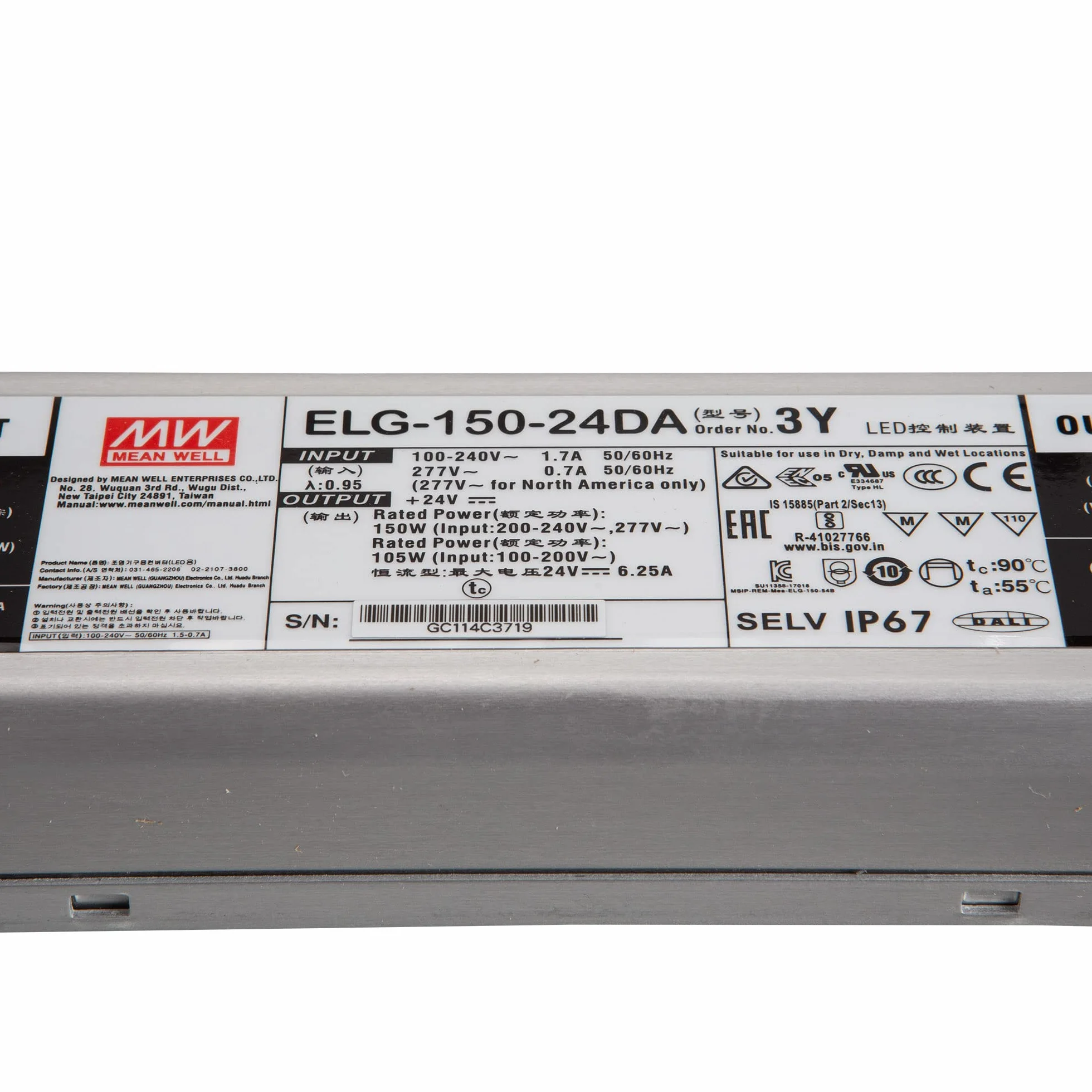 Mean Well ELG-150-24DA-3Y - Transformador LED (voltaje constante, corriente constante, 150 W, 6,25 A, 12-24)