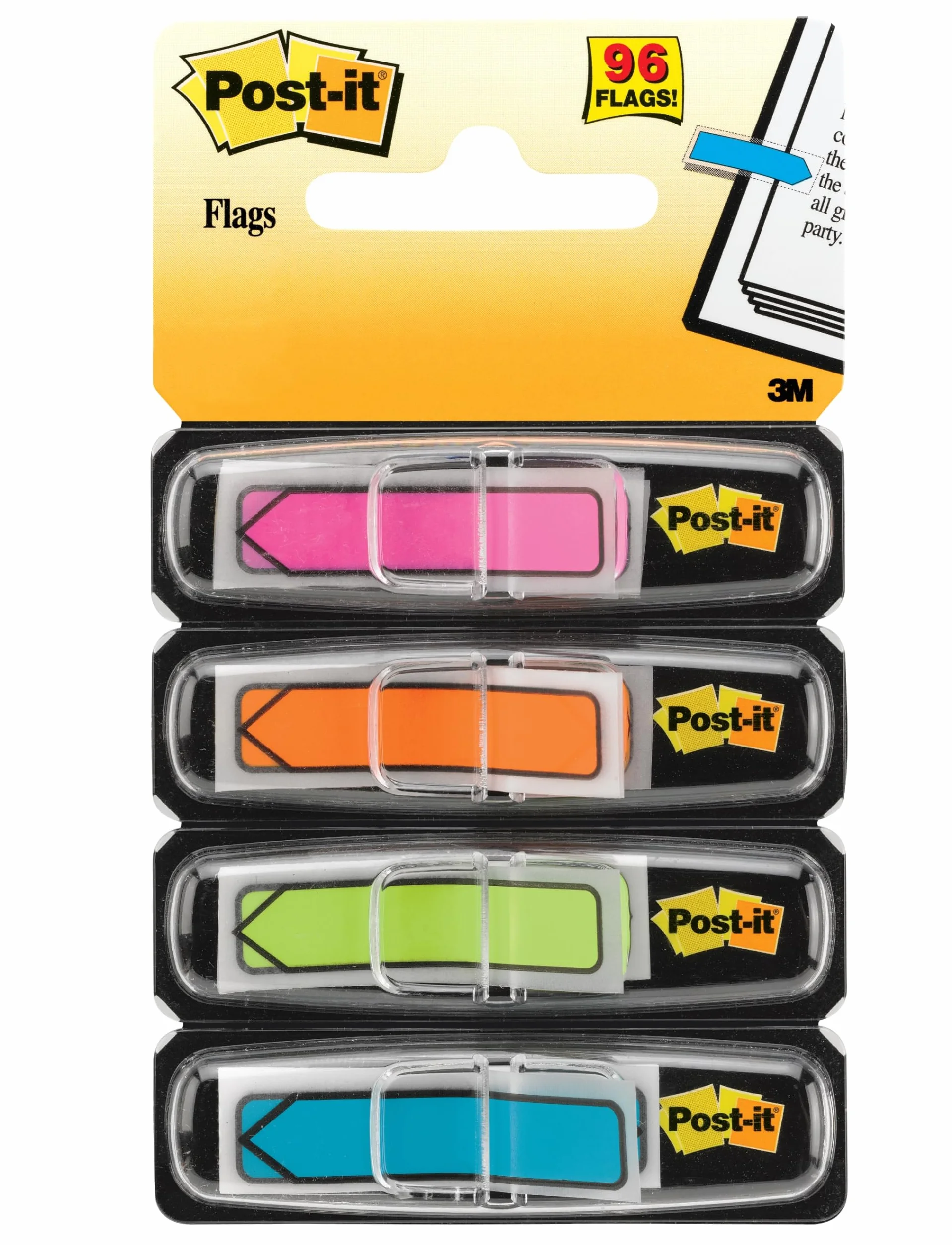 Post-It Index Marcadores Flecha, Azul, Naranja, Rosa y Verde, 11.9 mm x 43.2 mm, 24 Marcadores/Dispensador, 4 Dispensadores