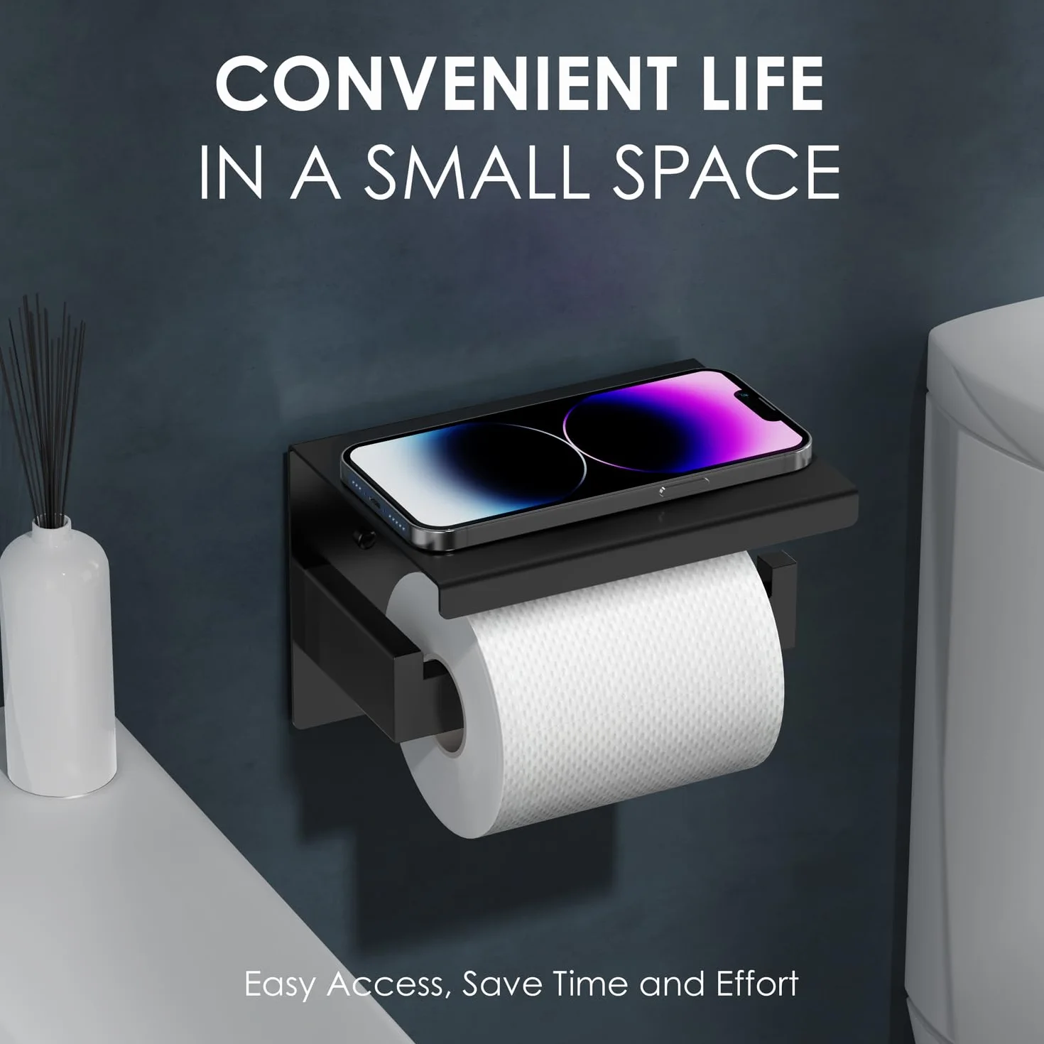 Auxmir Portarrollos Papel Higienico, Portarrollos Baño Adhesivo, Acero Inoxidable, Porta Rollos de Papel Higienico con Estante de Almacenamiento, Soporte Papel Higienico para Cocina, Baño, Negro
