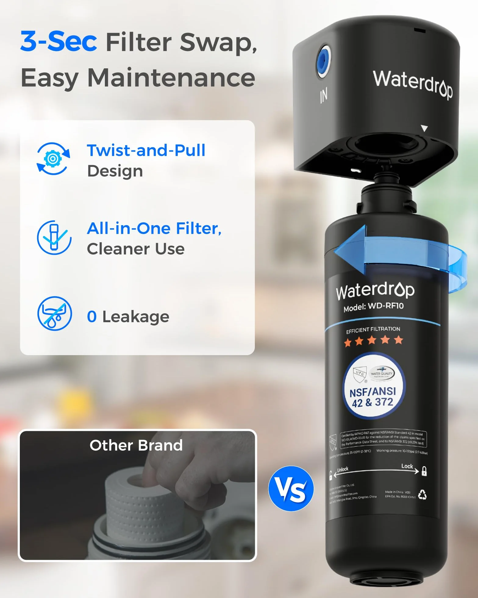 Waterdrop 10UB Sistema de Filtro de Agua para Debajo con Grifo Dedicado, 11000 Galones Filtro de Cocina Alta Capacidad, Certificado NSF/ANSI 42, Reduce el 99,99% de Plomo, Cloro, Mal Sabor